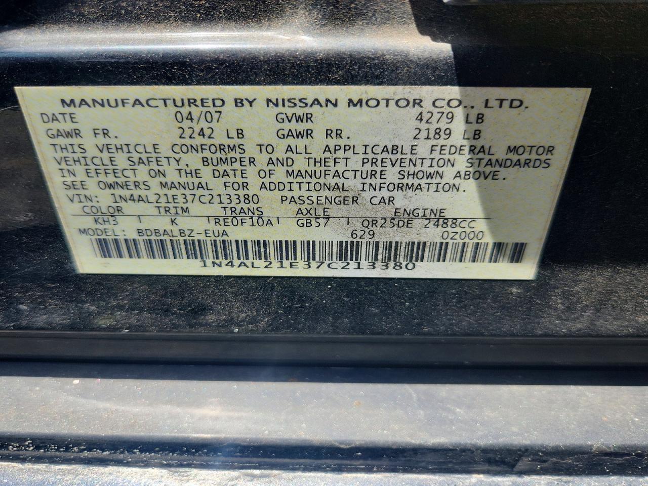2007 Nissan Altima 2.5 Черный vin: 1N4AL21E37C213380