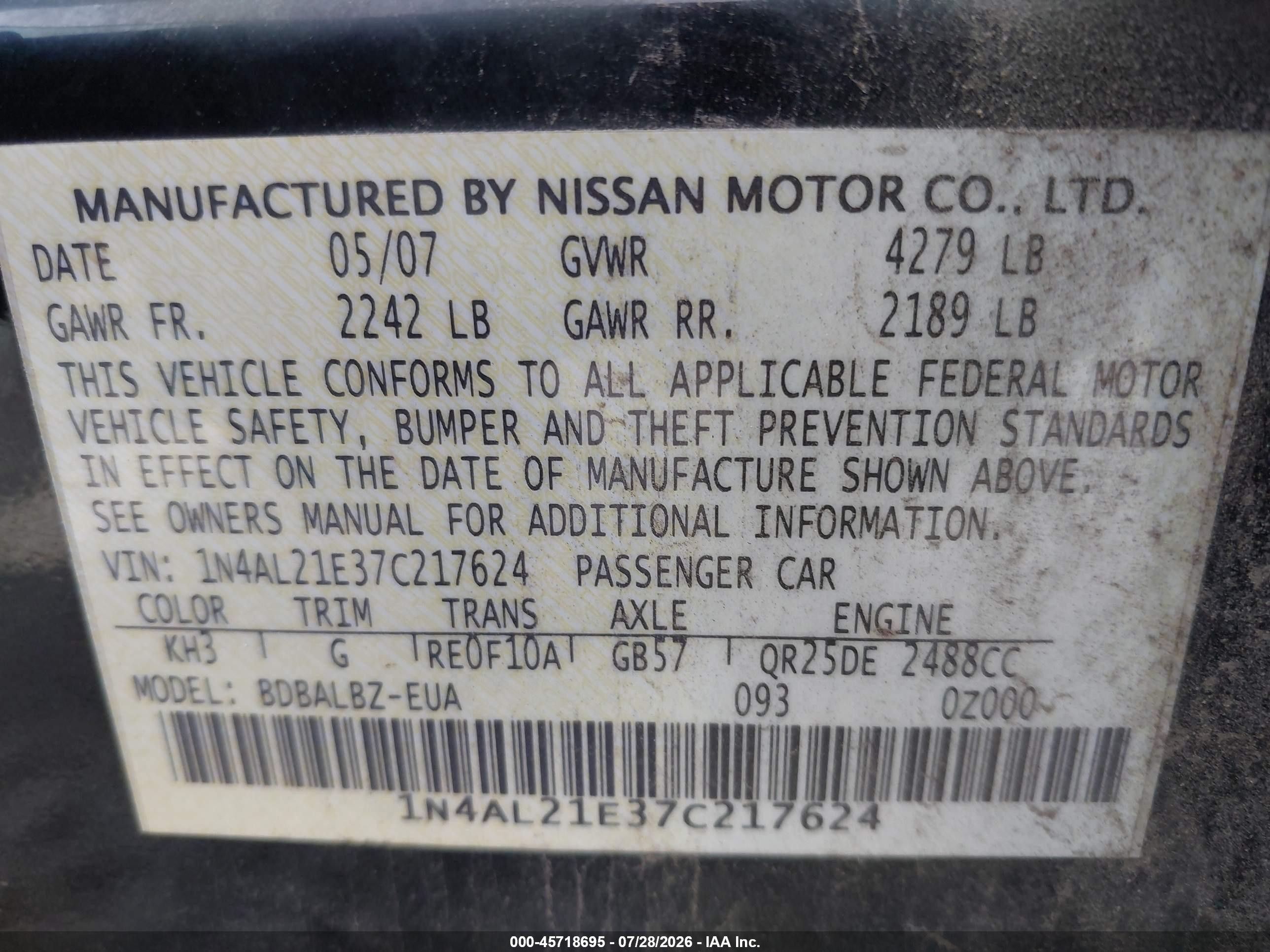 2007 Nissan Altima 2.5 S Black vin: 1N4AL21E37C217624