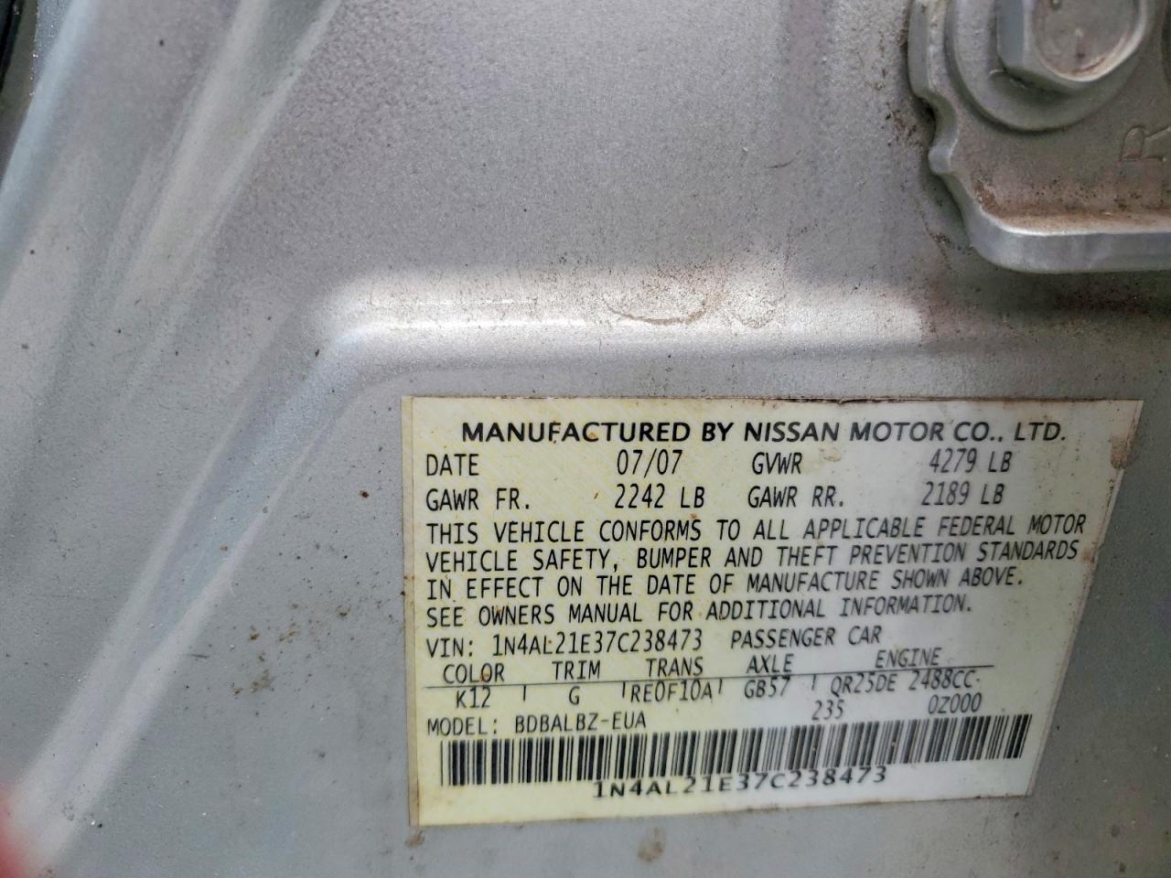 2007 Nissan Altima 2.5 Silver vin: 1N4AL21E37C238473
