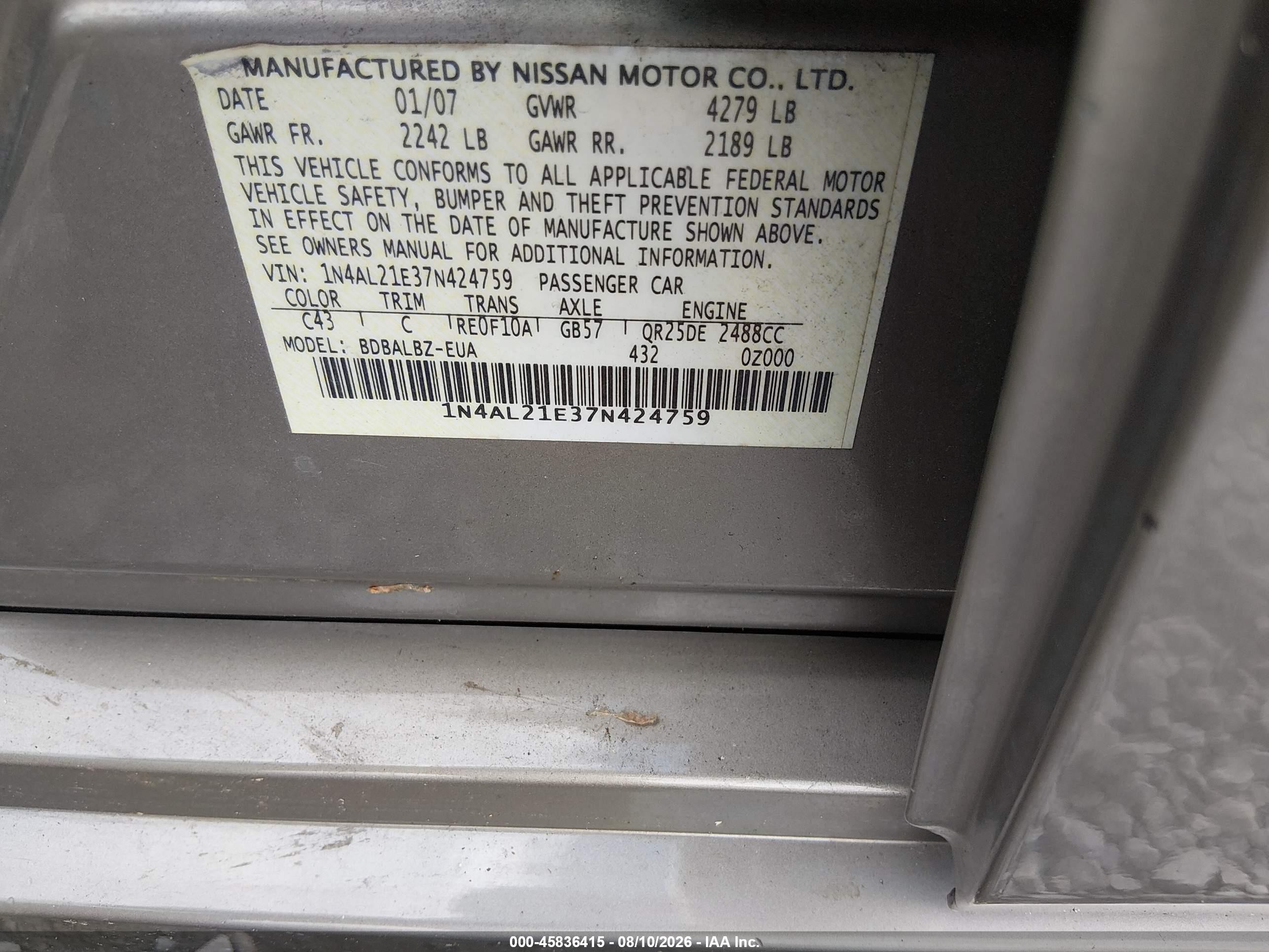 2007 Nissan Altima 2.5 S Tan vin: 1N4AL21E37N424759