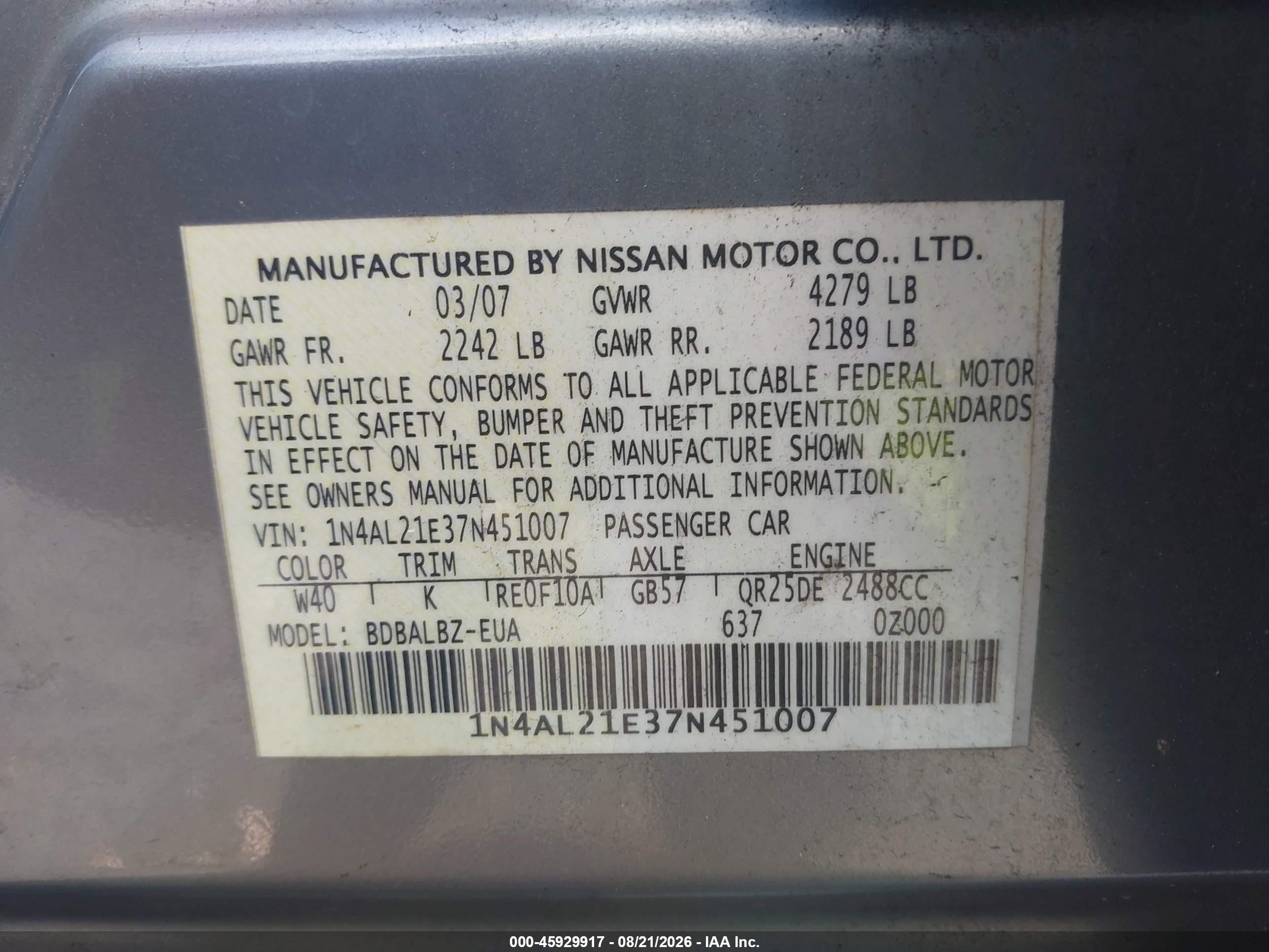 2007 Nissan Altima 2.5 S Silver vin: 1N4AL21E37N451007