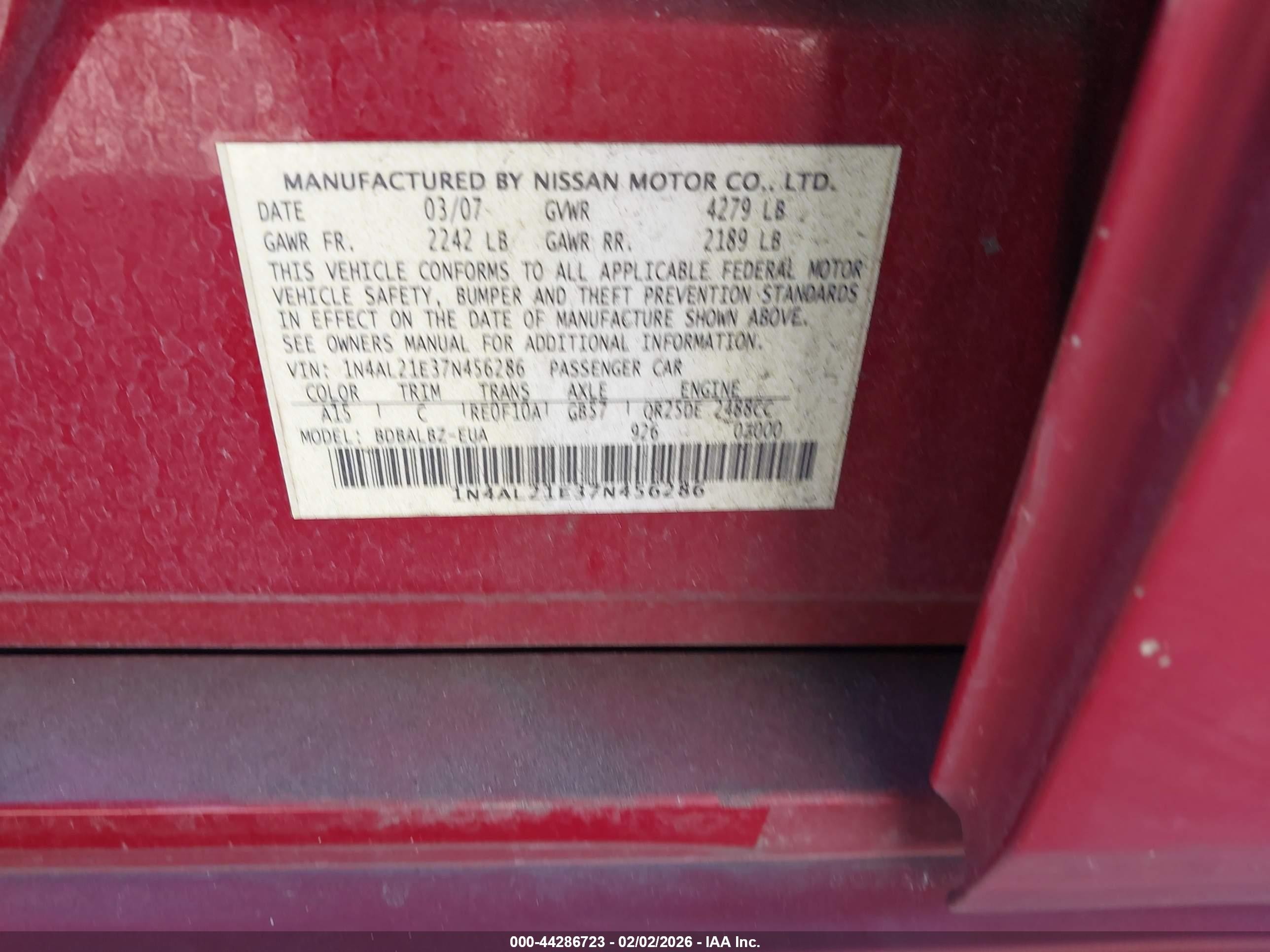 2007 Nissan Altima 2.5 S Красный vin: 1N4AL21E37N456286