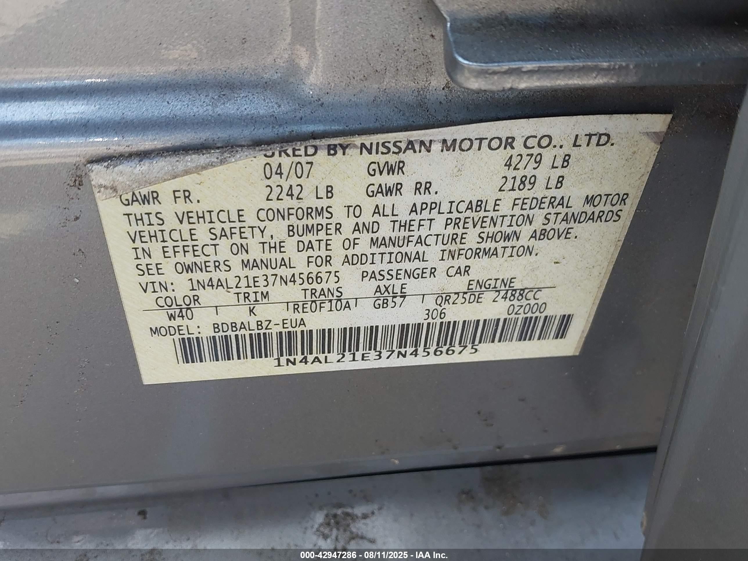 2007 Nissan Altima 2.5 S Green vin: 1N4AL21E37N456675