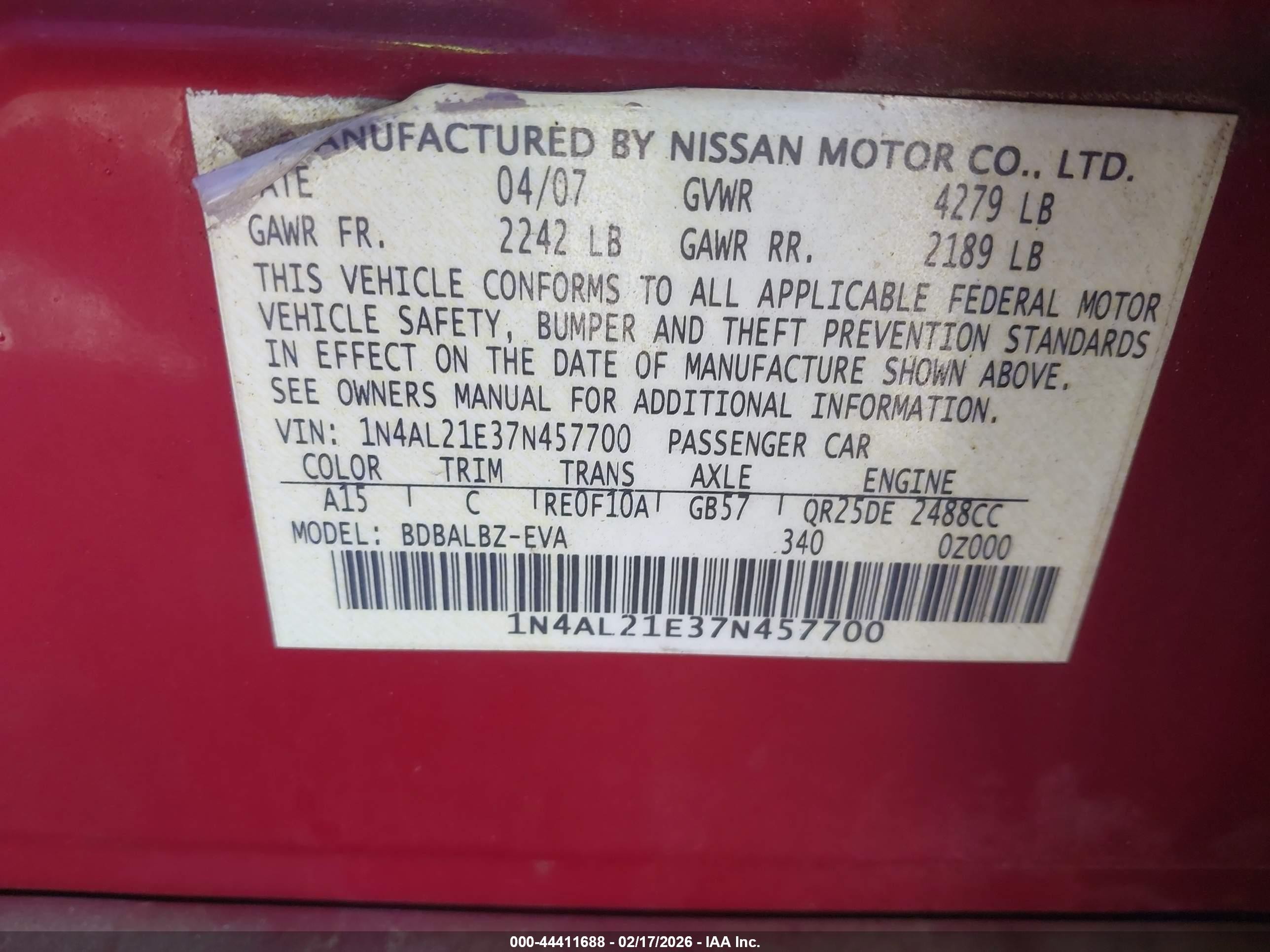2007 Nissan Altima 2.5 S Burgundy vin: 1N4AL21E37N457700