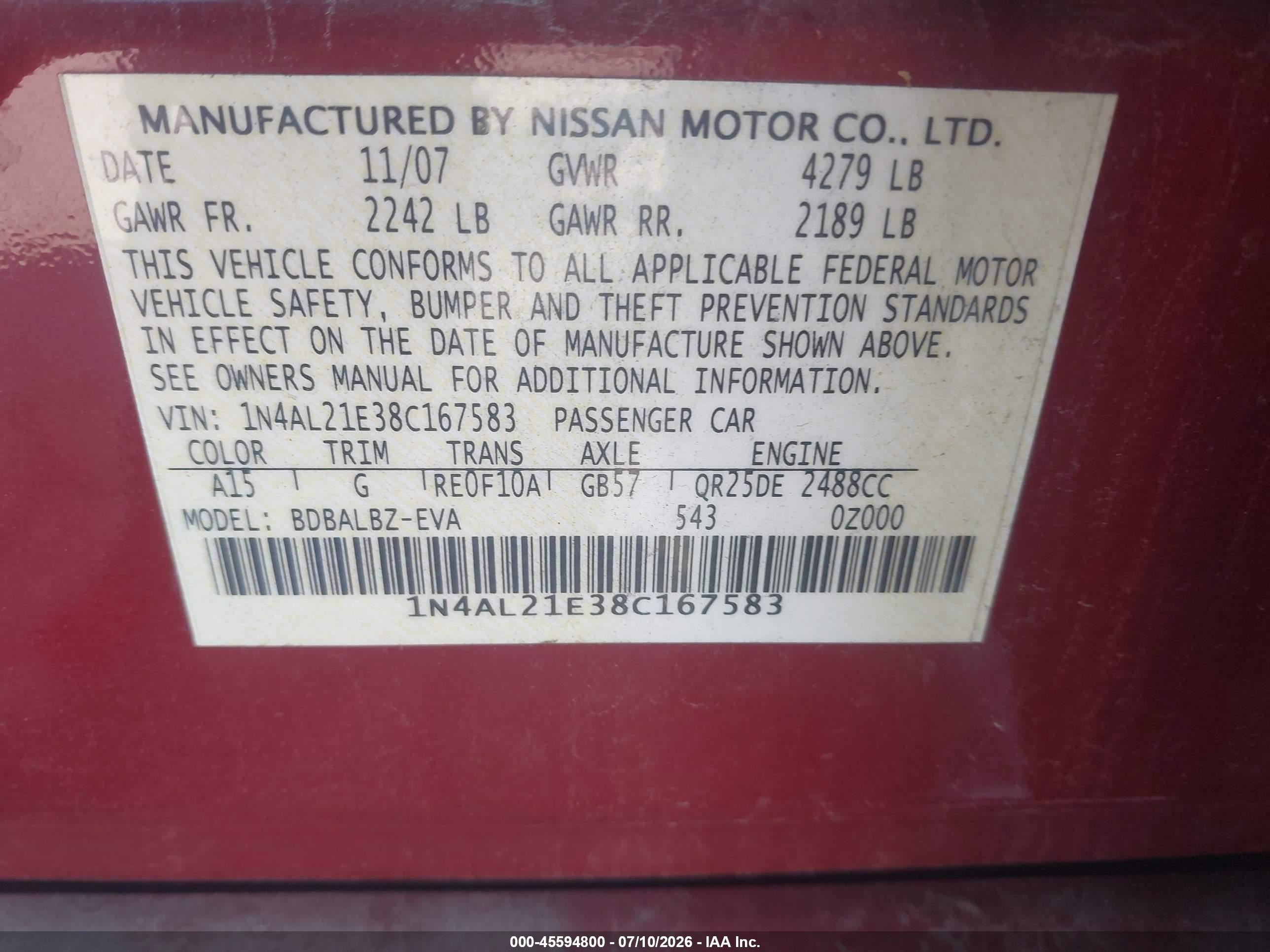 2008 Nissan Altima 2.5 S Красный vin: 1N4AL21E38C167583