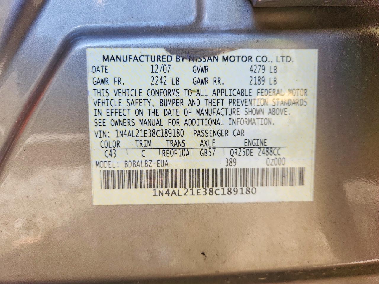 2008 Nissan Altima 2.5 Tan vin: 1N4AL21E38C189180