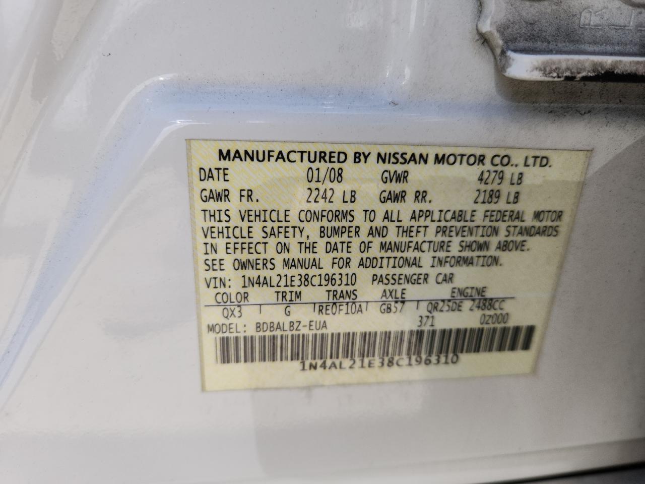 2008 Nissan Altima 2.5 White vin: 1N4AL21E38C196310