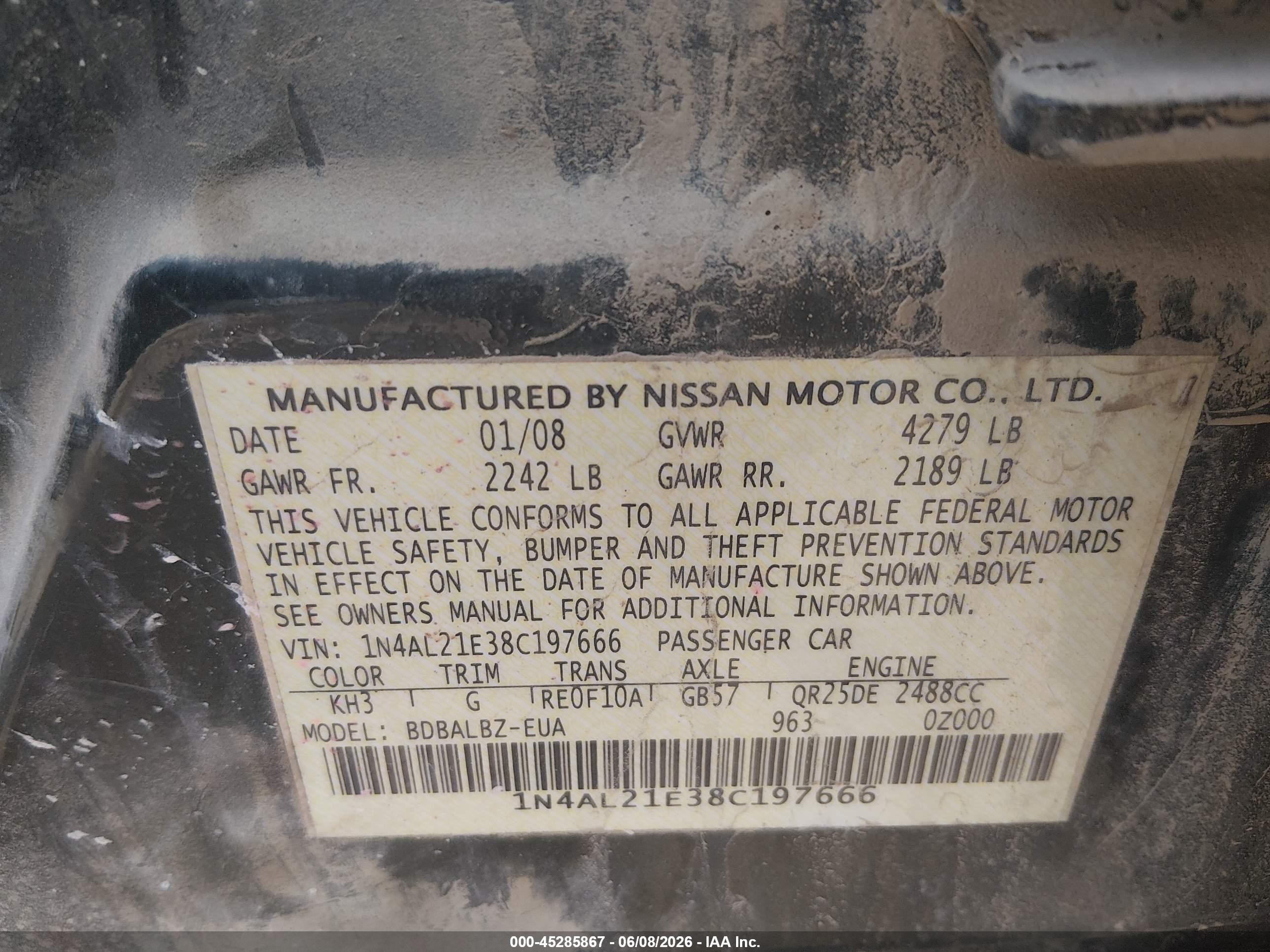 2008 Nissan Altima 2.5 S Black vin: 1N4AL21E38C197666