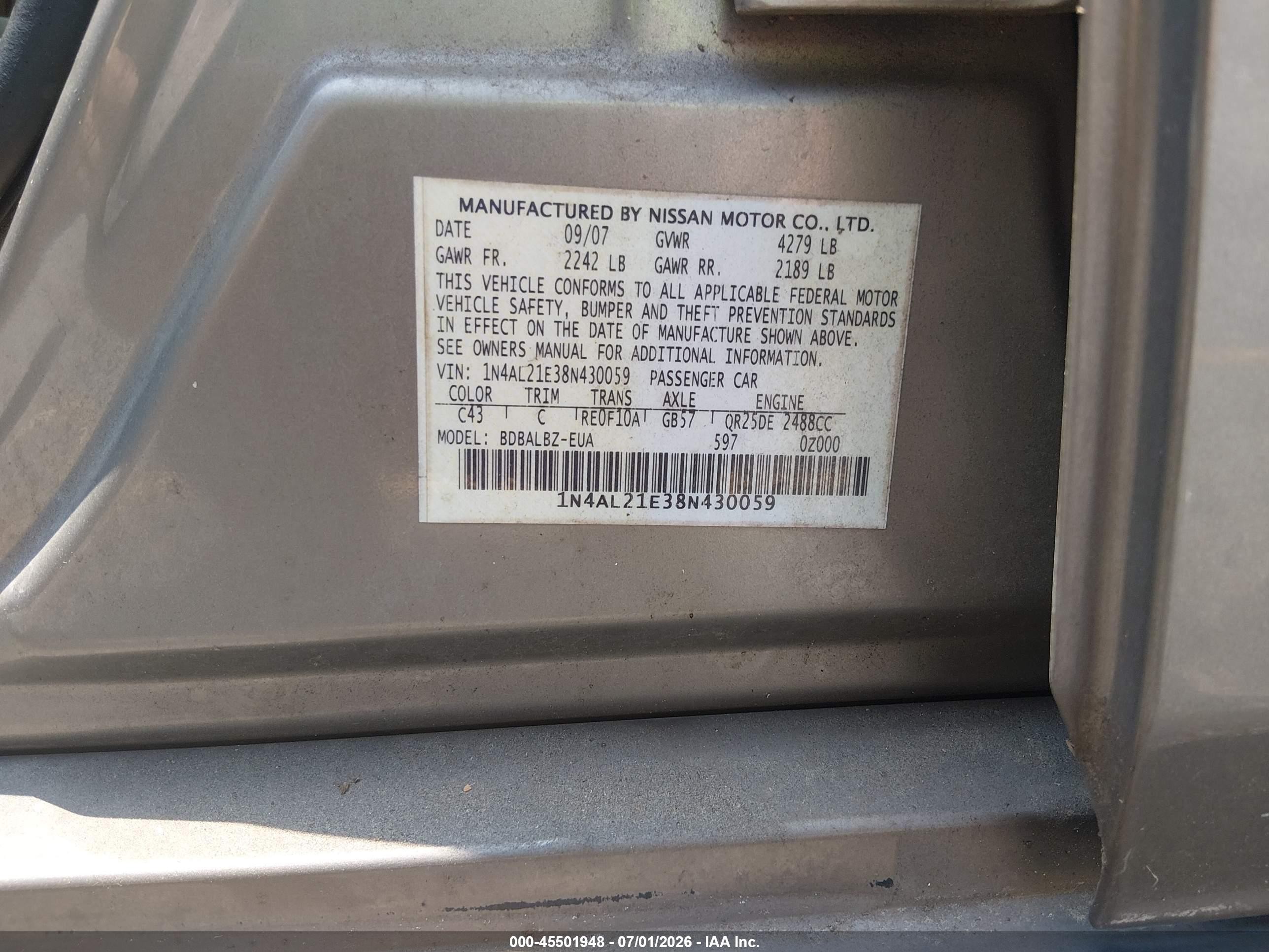 2008 Nissan Altima 2.5 S Beige vin: 1N4AL21E38N430059