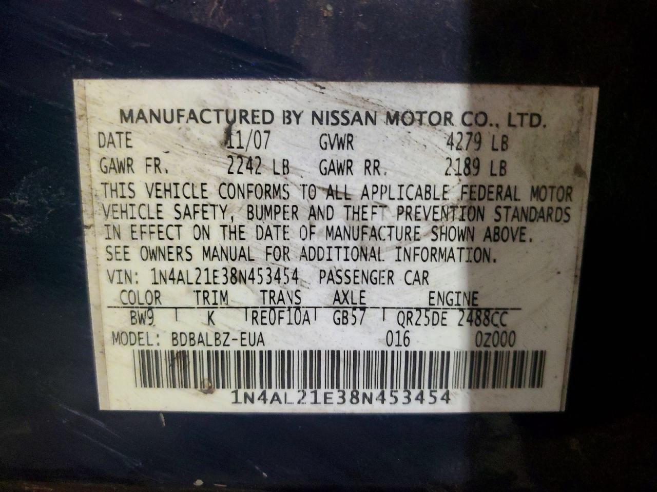2008 Nissan Altima 2.5 Blue vin: 1N4AL21E38N453454