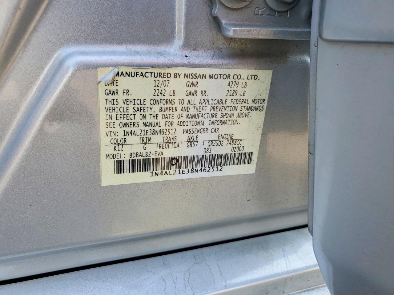 2008 Nissan Altima 2.5 Silver vin: 1N4AL21E38N462512