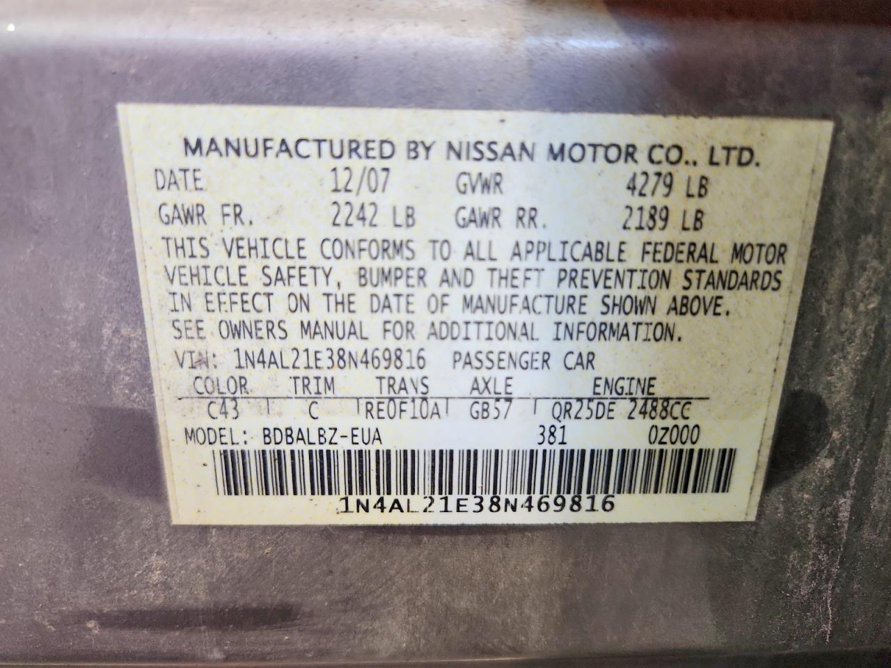 2008 Nissan Altima 2.5 Серый vin: 1N4AL21E38N469816