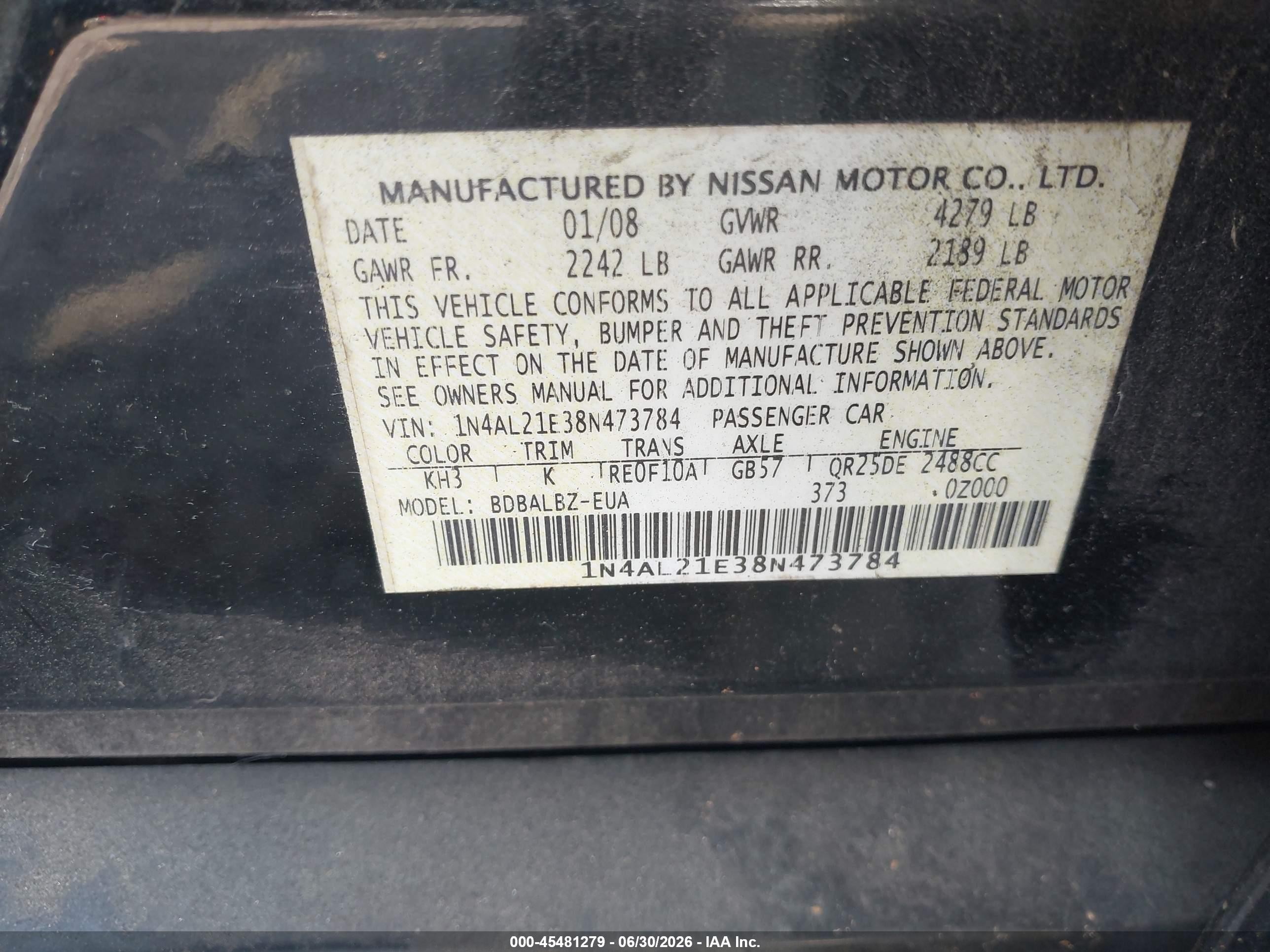 2008 Nissan Altima 2.5 S Black vin: 1N4AL21E38N473784