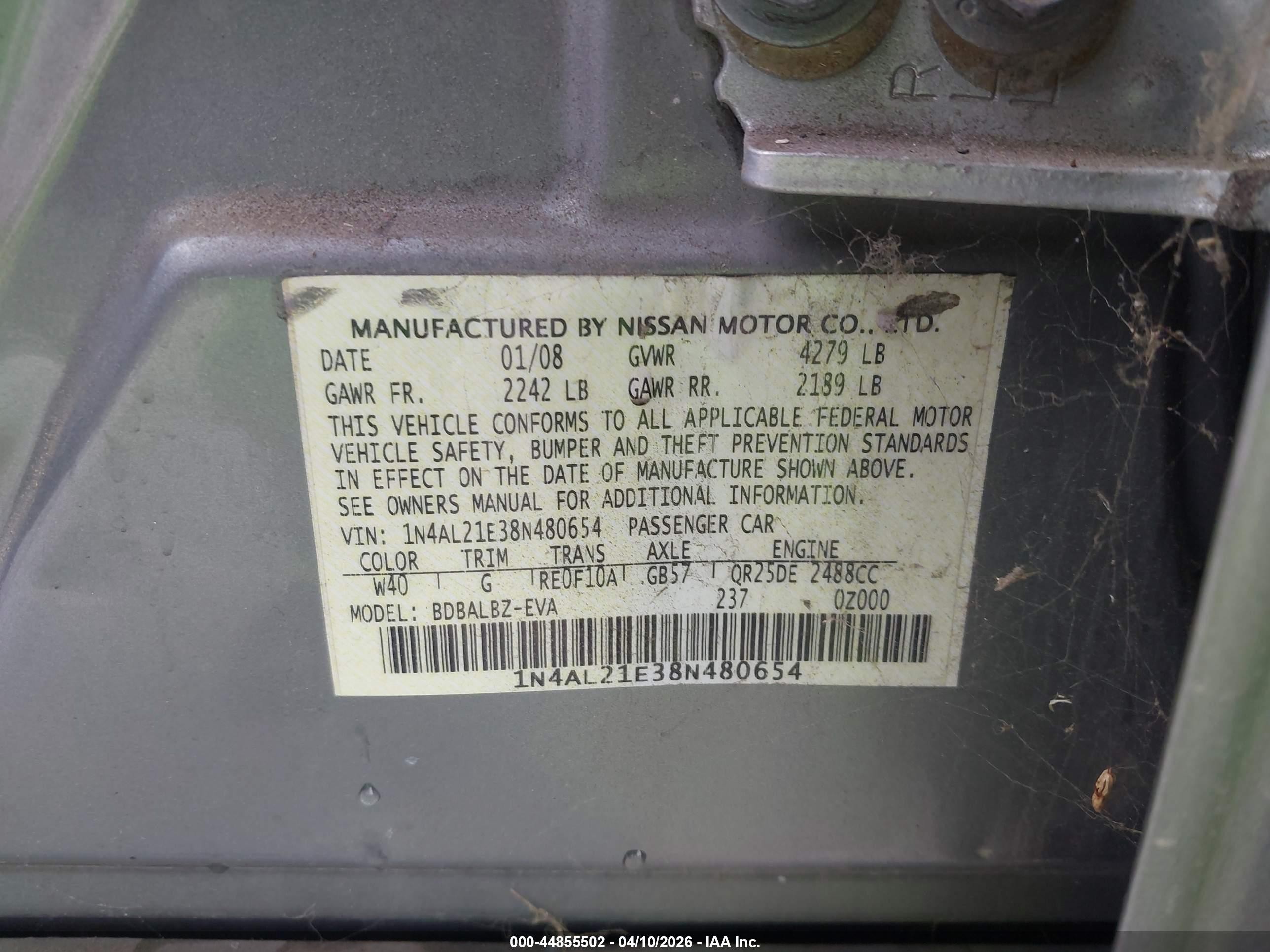 2008 Nissan Altima 2.5 S Gray vin: 1N4AL21E38N480654