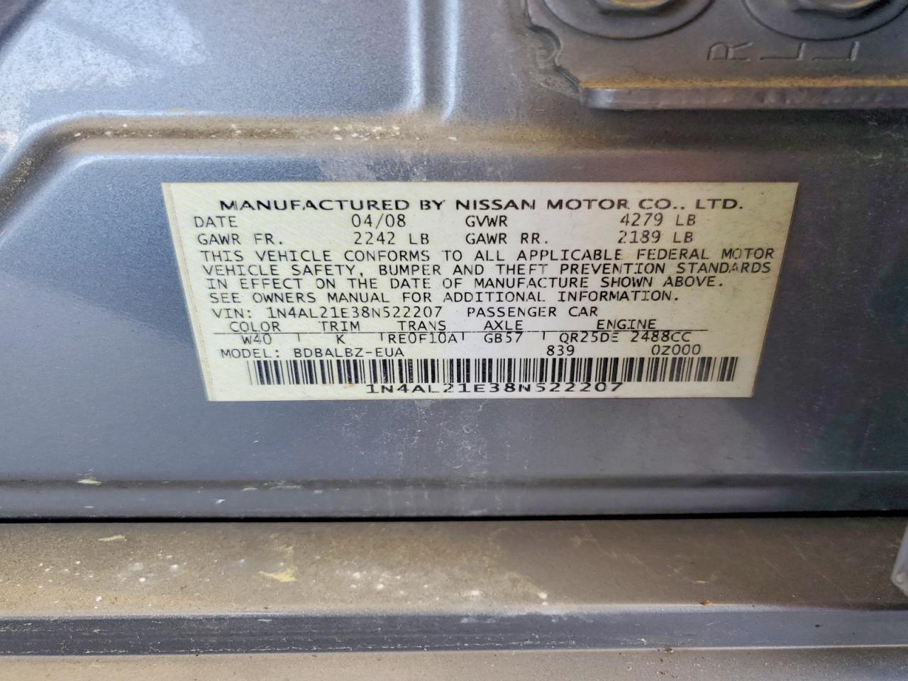 2008 Nissan Altima 2.5 Silver vin: 1N4AL21E38N522207