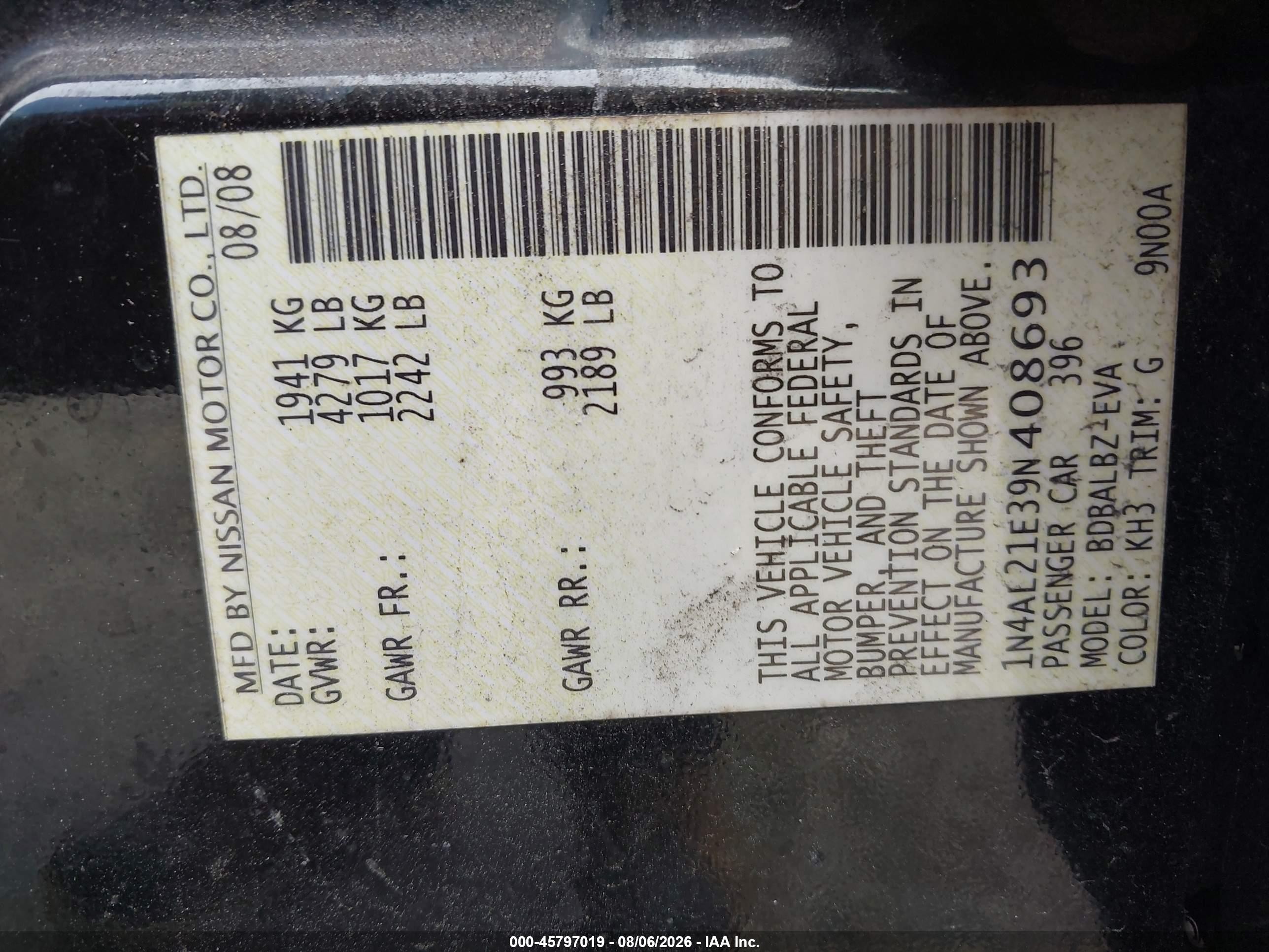 2009 Nissan Altima 2.5 S Black vin: 1N4AL21E39N408693