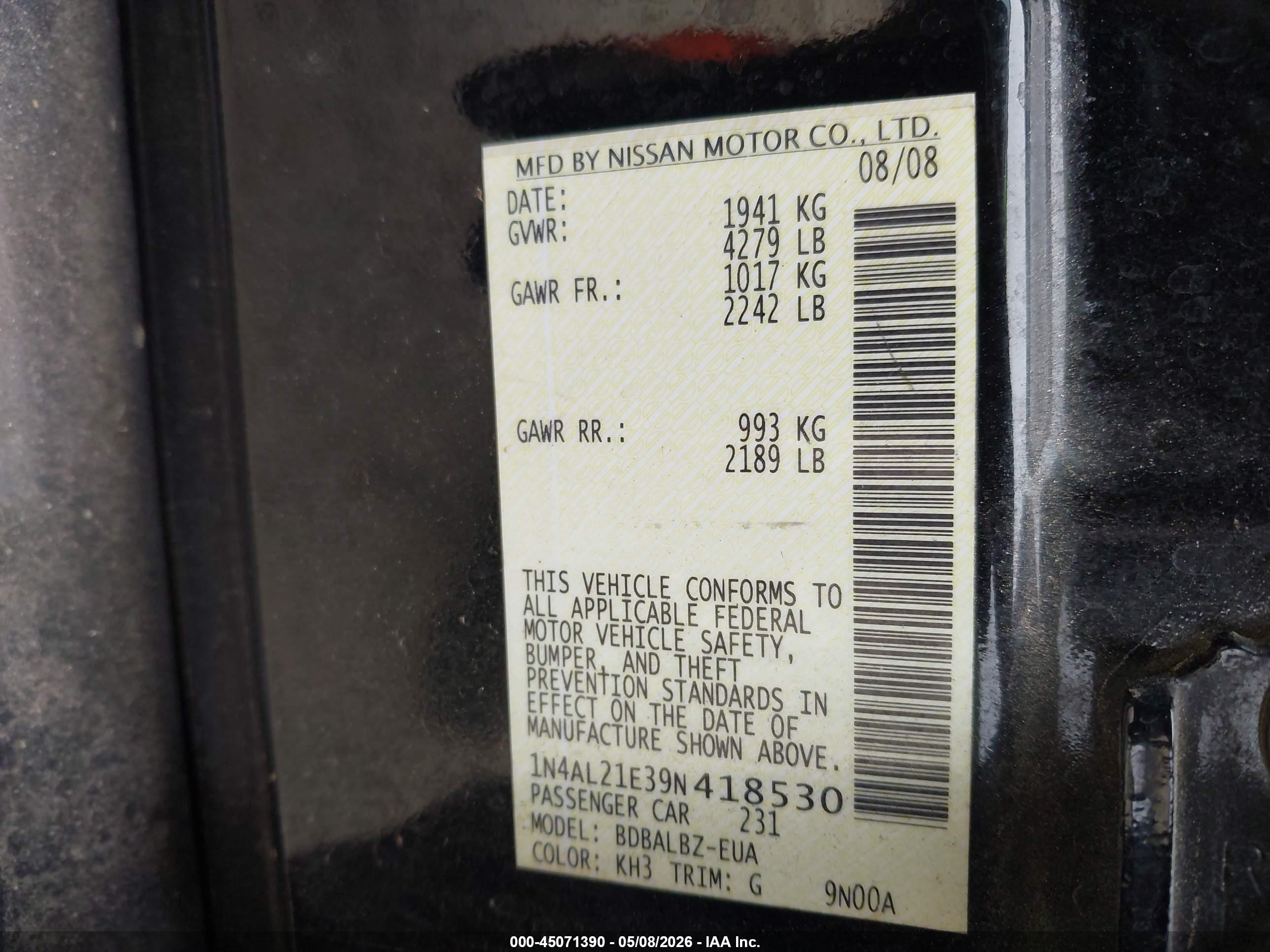 2009 Nissan Altima 2.5 S Черный vin: 1N4AL21E39N418530