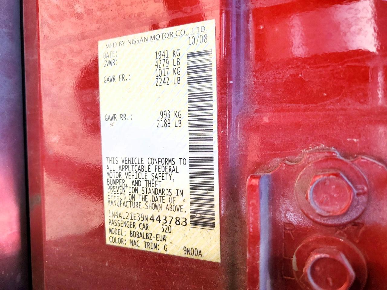 2009 Nissan Altima 2.5 Red vin: 1N4AL21E39N443783