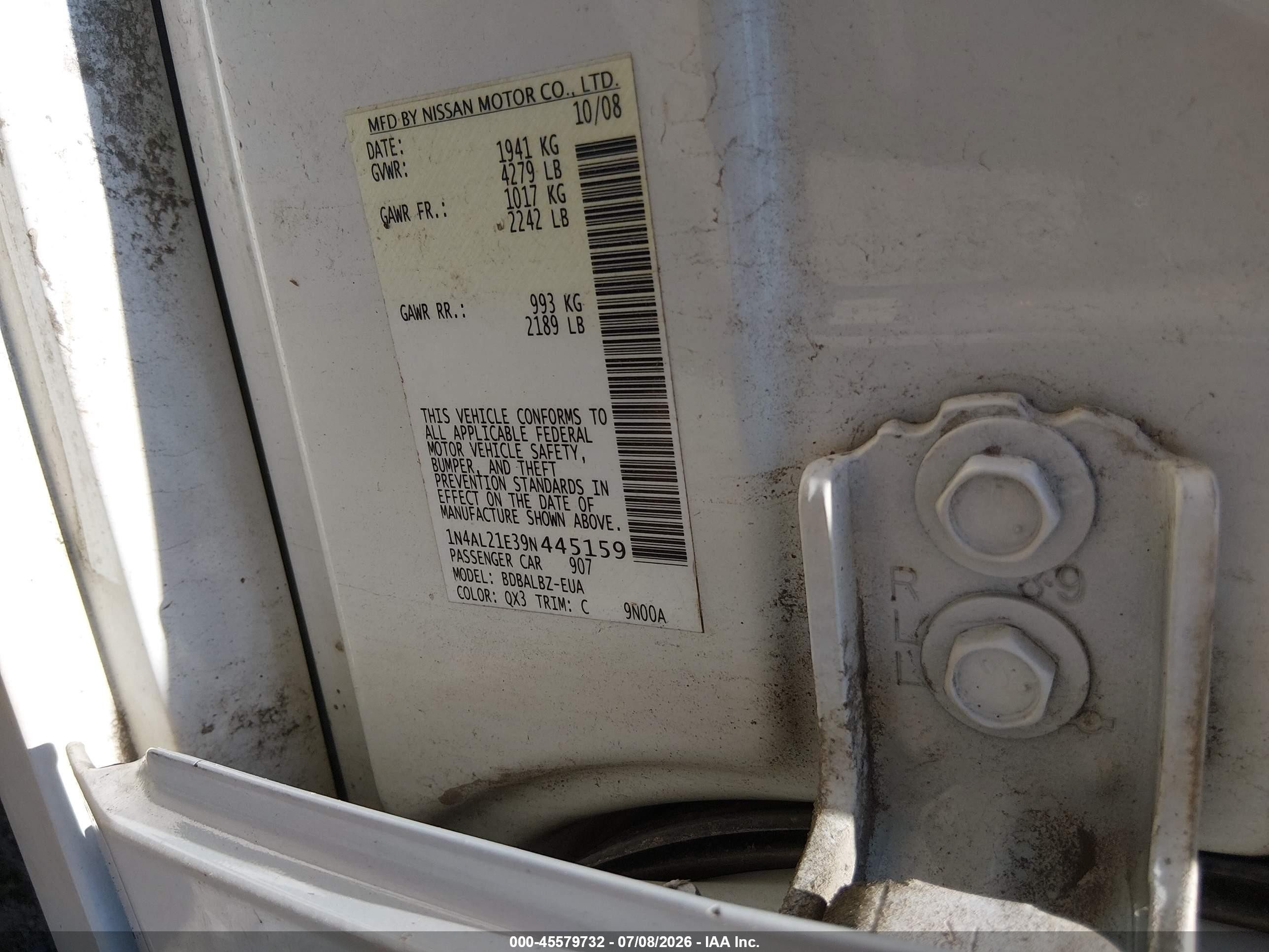 2009 Nissan Altima 2.5 S White vin: 1N4AL21E39N445159