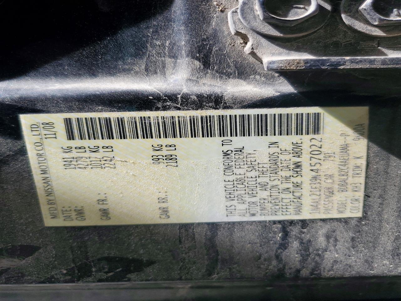 2009 Nissan Altima 2.5 Black vin: 1N4AL21E39N457022