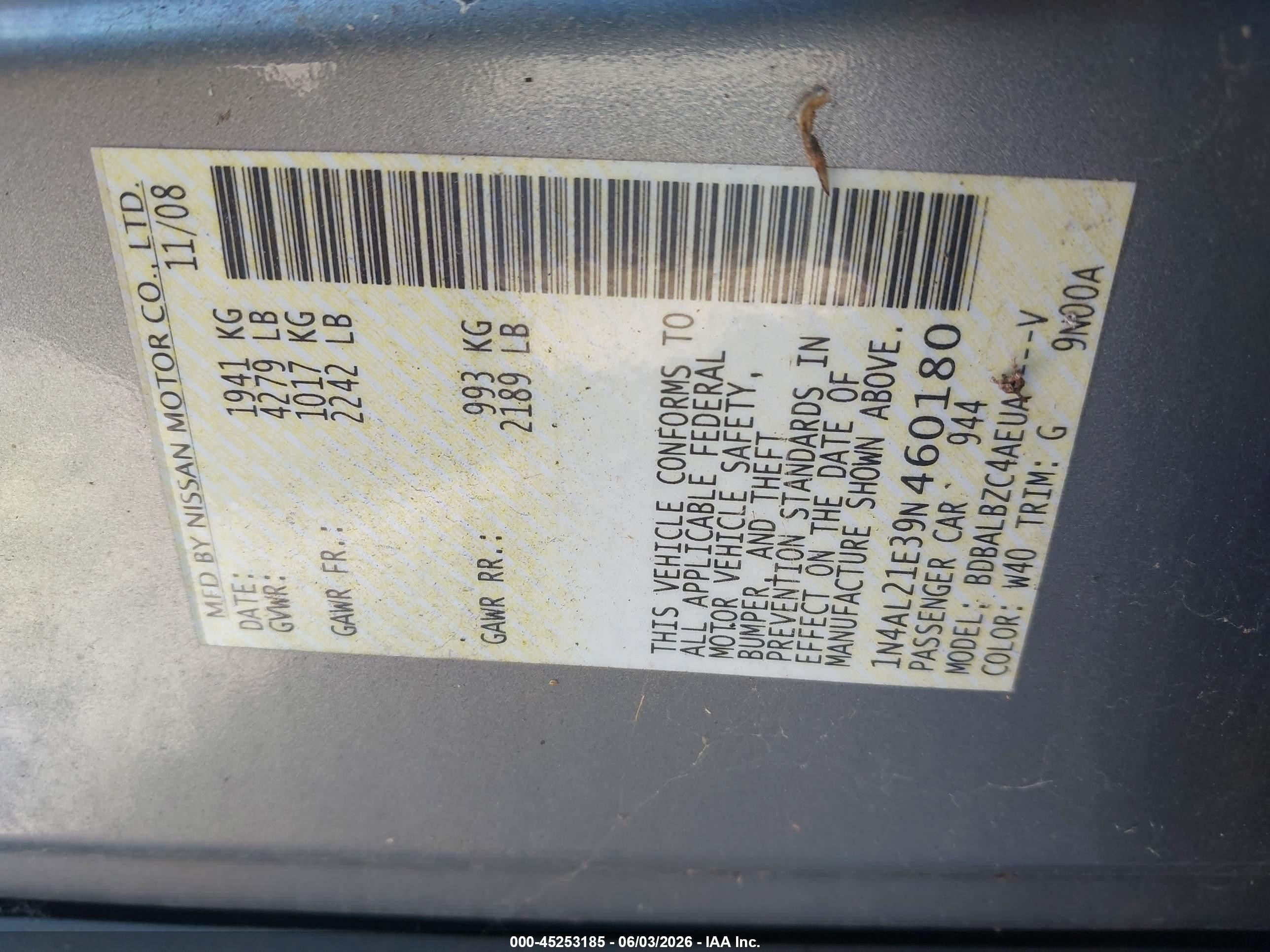 2009 Nissan Altima 2.5 S Blue vin: 1N4AL21E39N460180