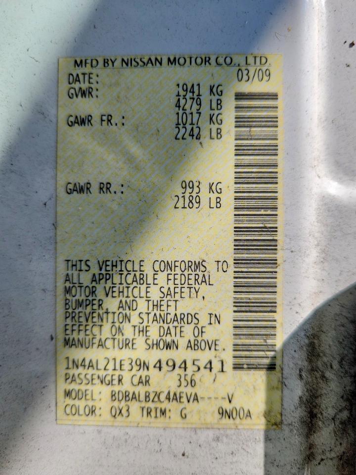 2009 Nissan Altima 2.5 White vin: 1N4AL21E39N494541