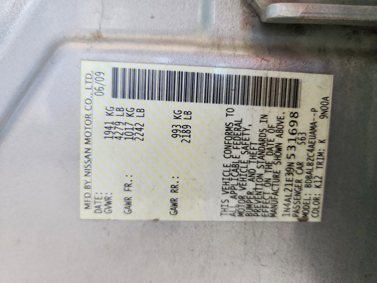 2009 Nissan Altima 2.5 Silver vin: 1N4AL21E39N531698