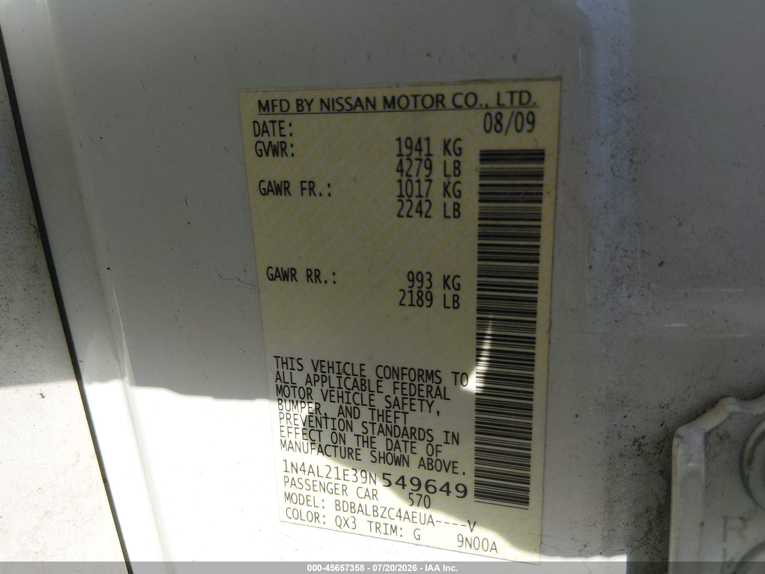 2009 Nissan Altima 2.5 S Champagne vin: 1N4AL21E39N549649