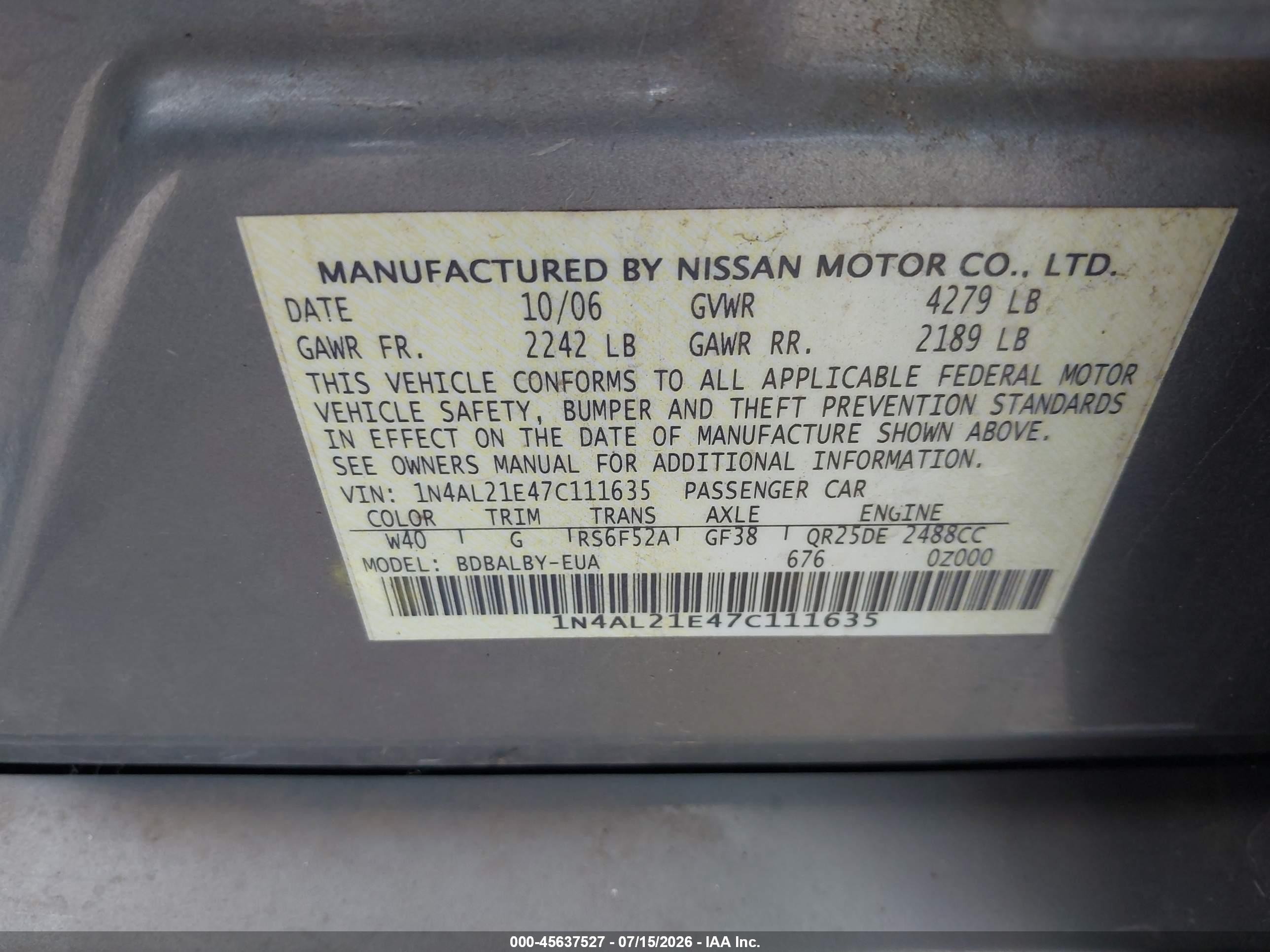 2007 Nissan Altima 2.5 S Серебряный vin: 1N4AL21E47C111635