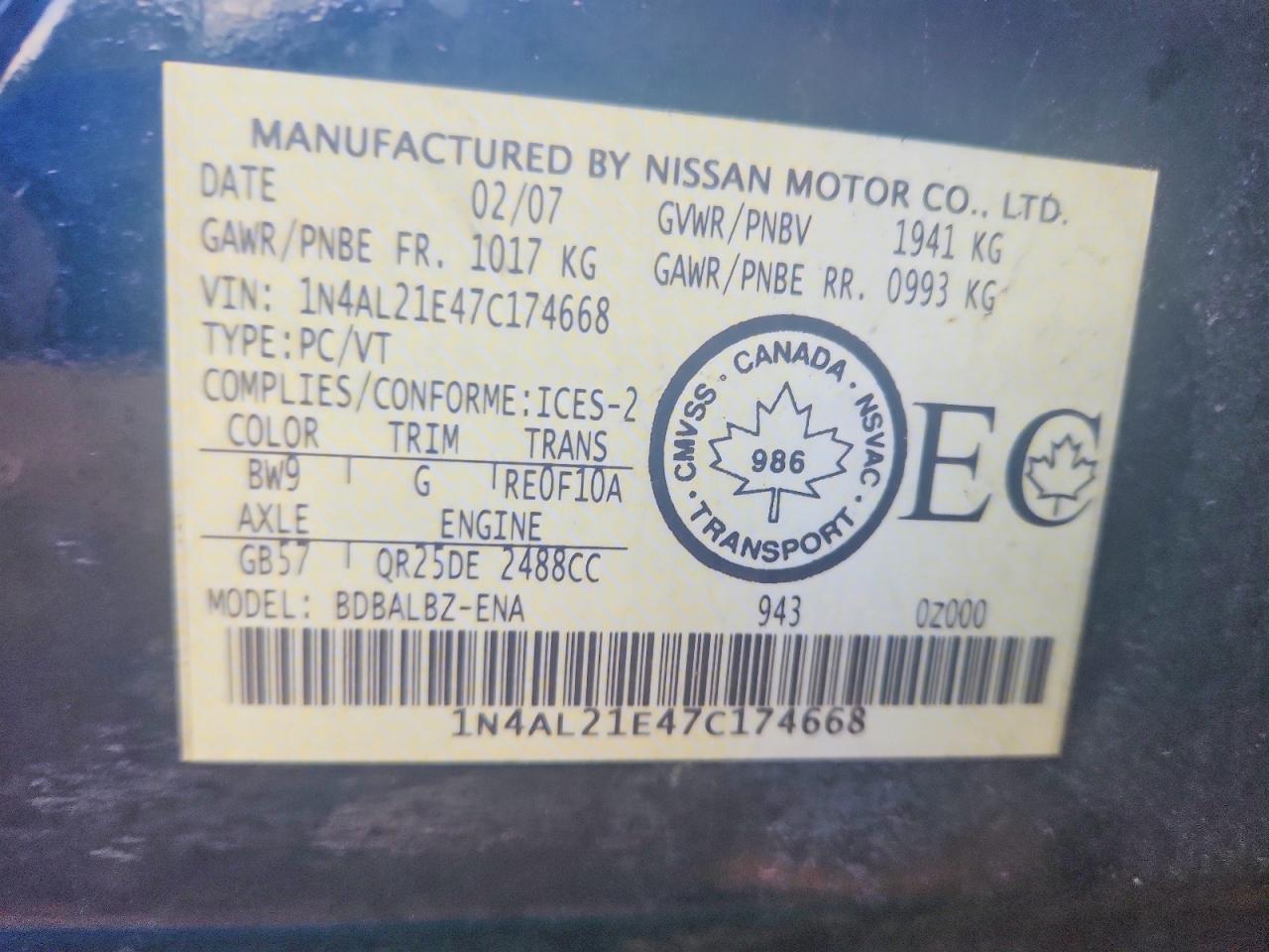 2007 Nissan Altima 2.5 Blue vin: 1N4AL21E47C174668