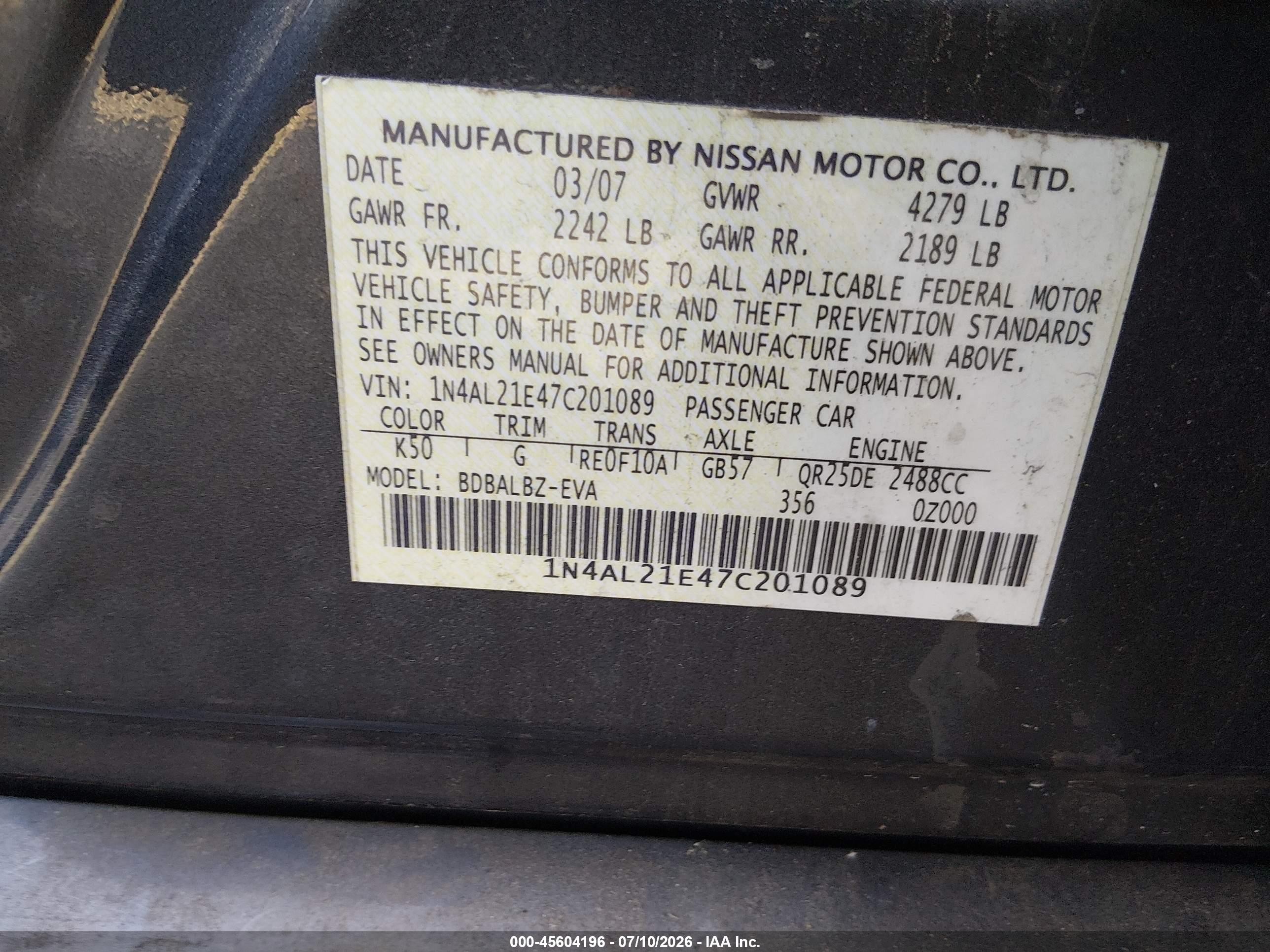 2007 Nissan Altima 2.5 S Blue vin: 1N4AL21E47C201089