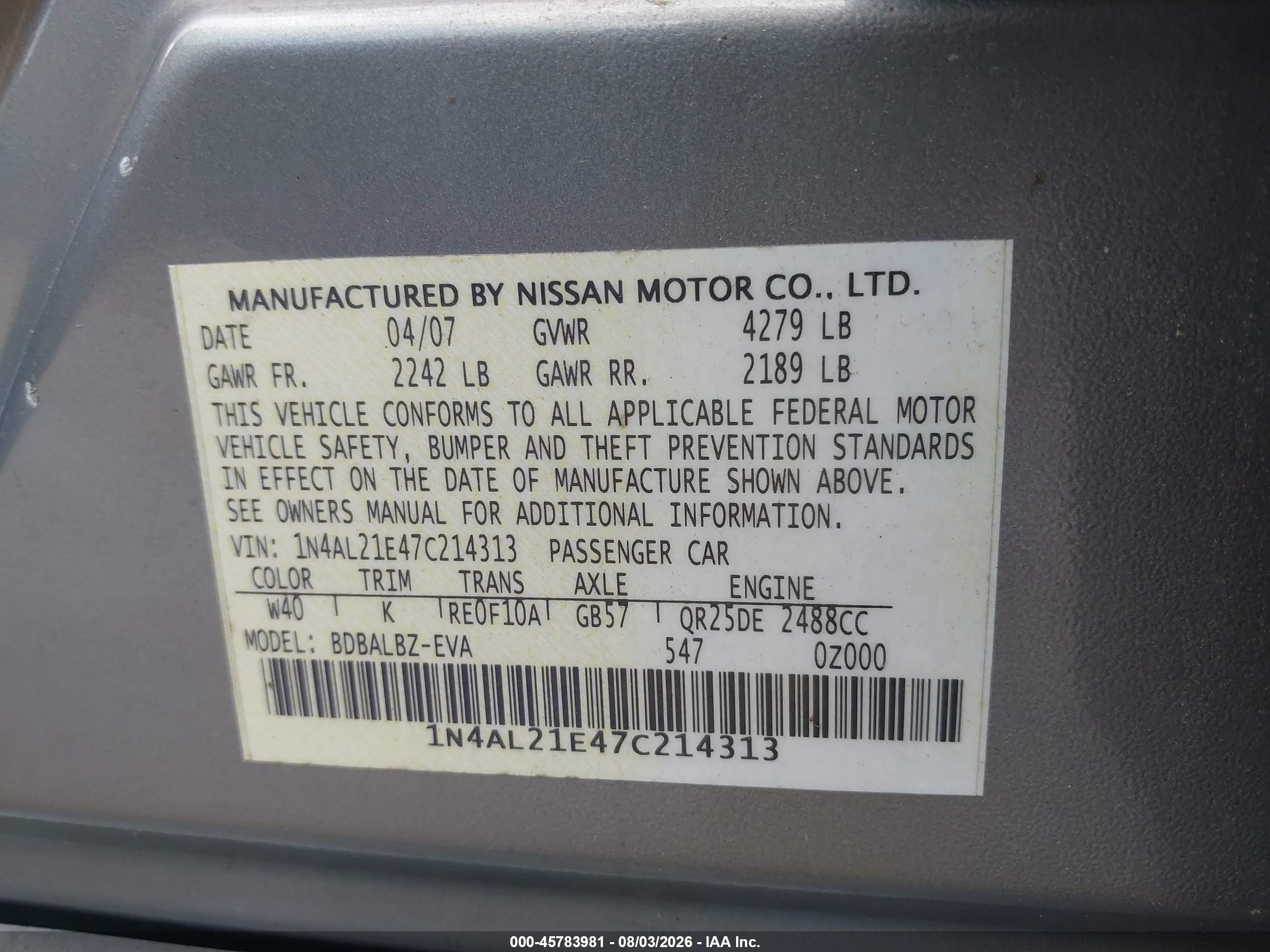 2007 Nissan Altima 2.5 S Серебряный vin: 1N4AL21E47C214313