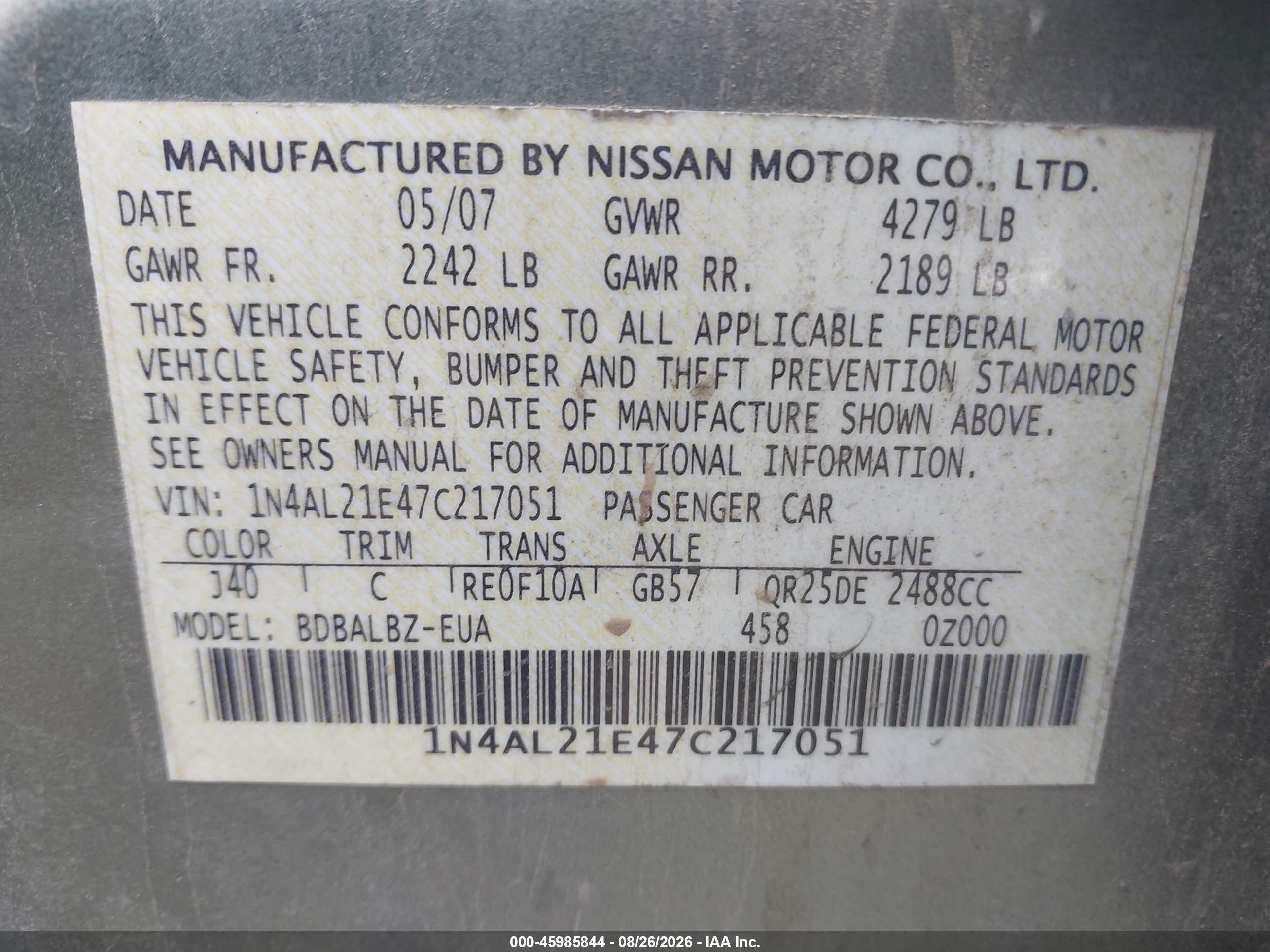 2007 Nissan Altima 2.5 S Green vin: 1N4AL21E47C217051
