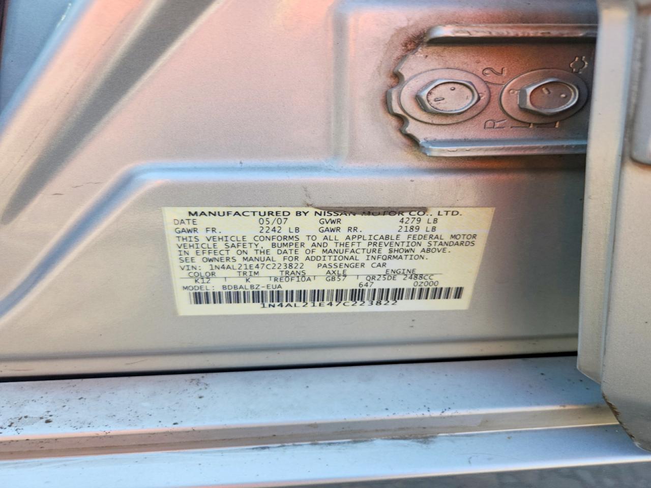 2007 Nissan Altima 2.5 Silver vin: 1N4AL21E47C223822