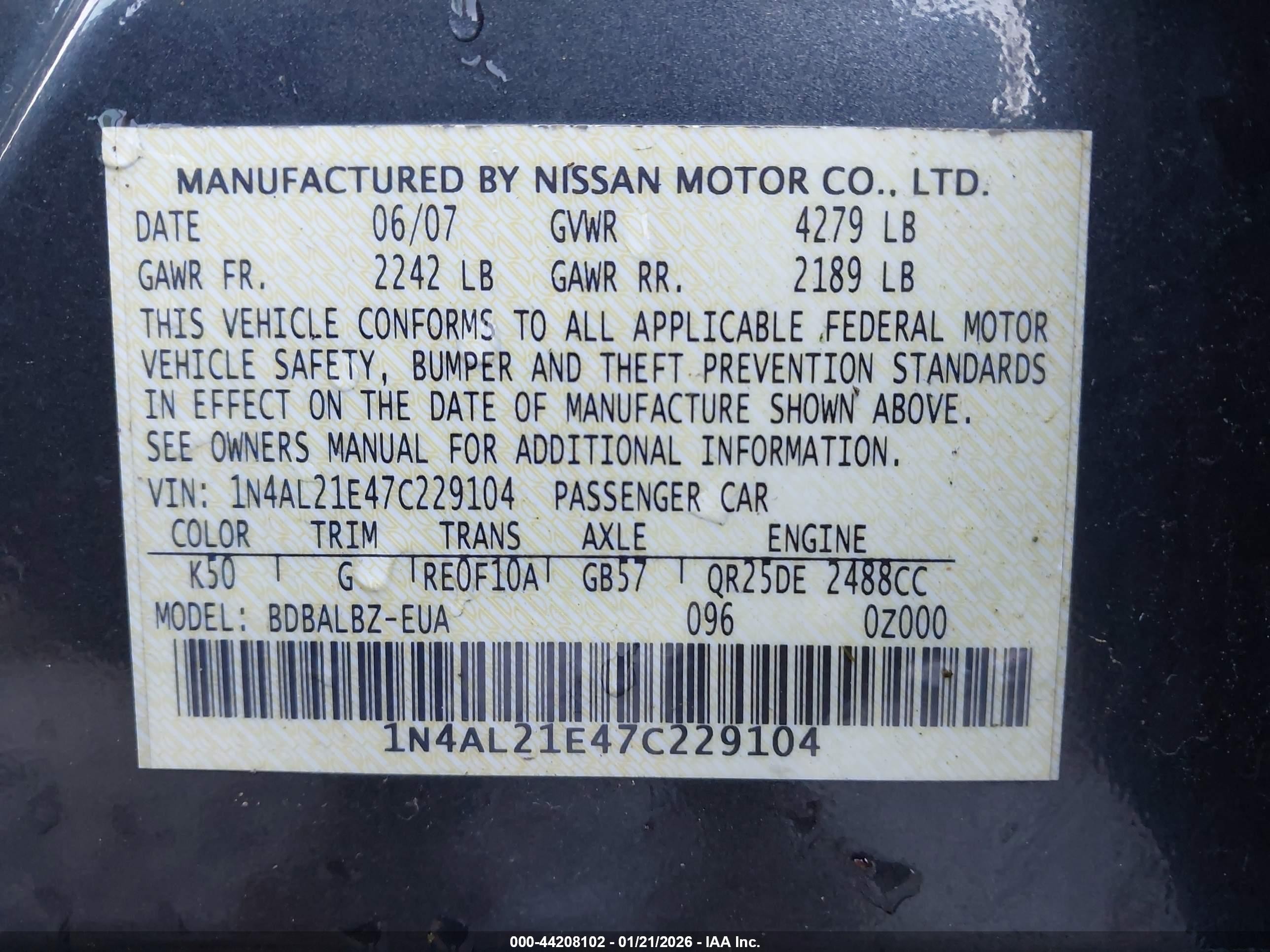 2007 Nissan Altima 2.5 S Gray vin: 1N4AL21E47C229104