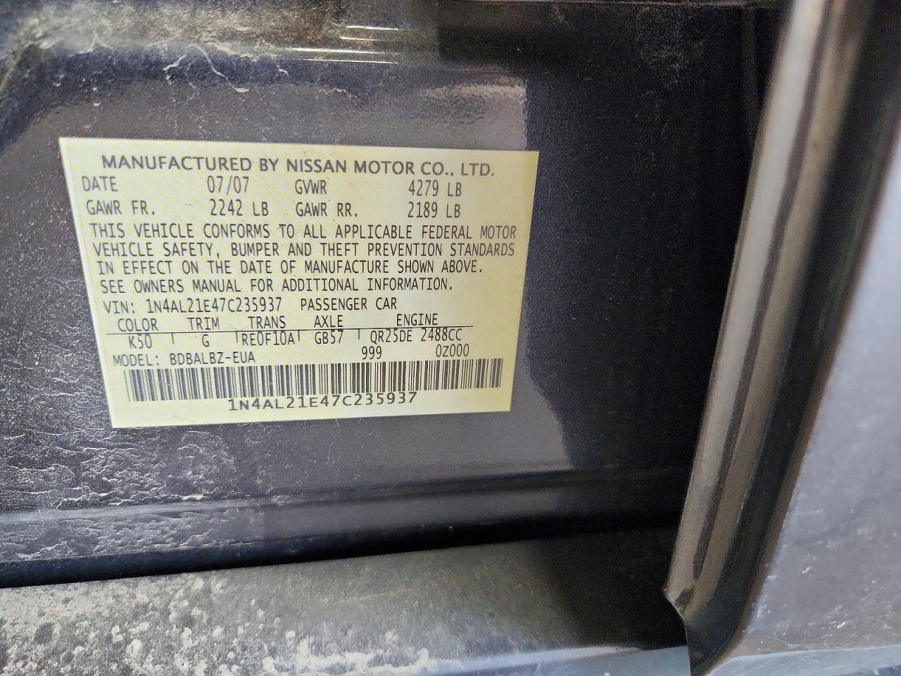 2007 Nissan Altima 2.5 Серый vin: 1N4AL21E47C235937