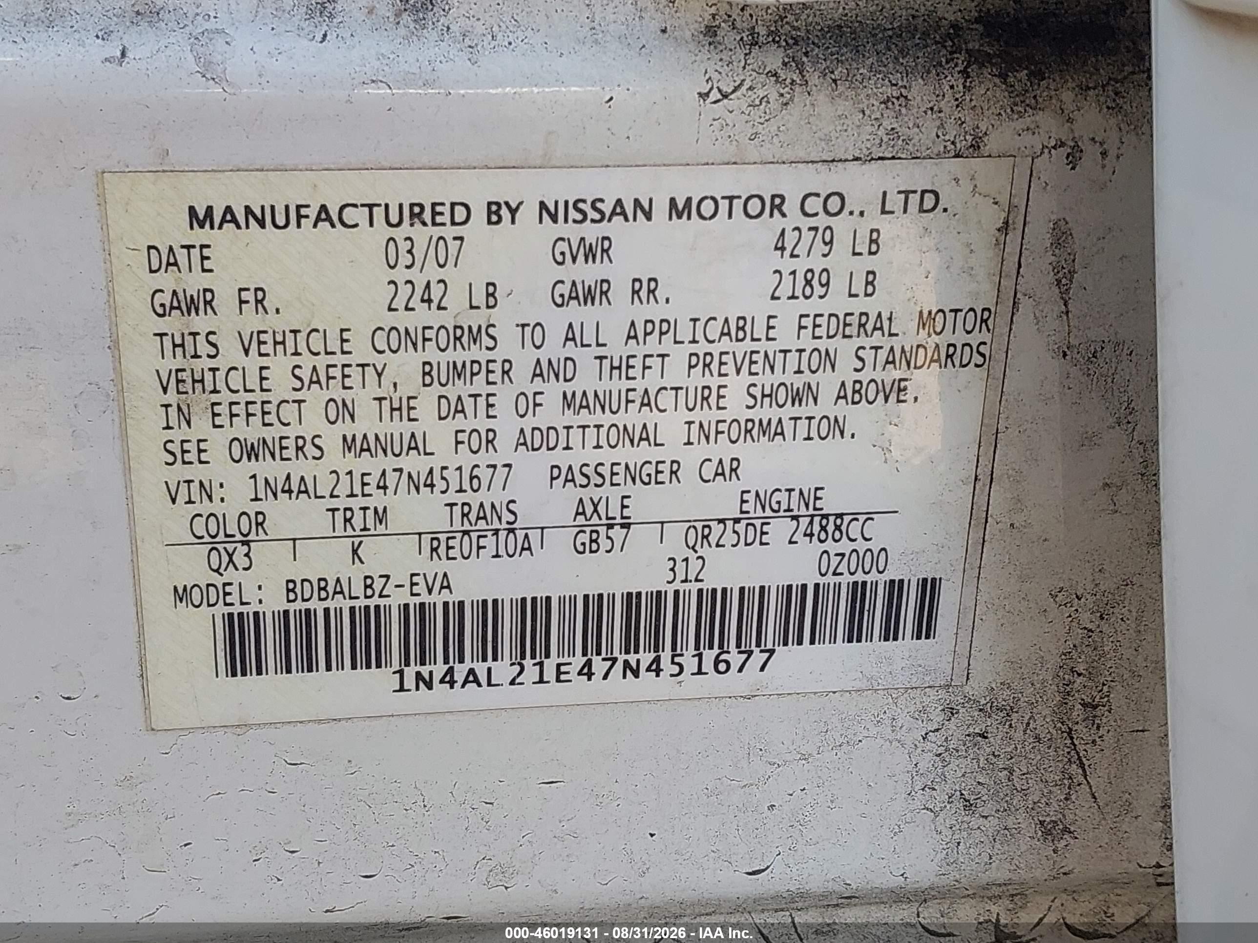 2007 Nissan Altima 2.5 S White vin: 1N4AL21E47N451677