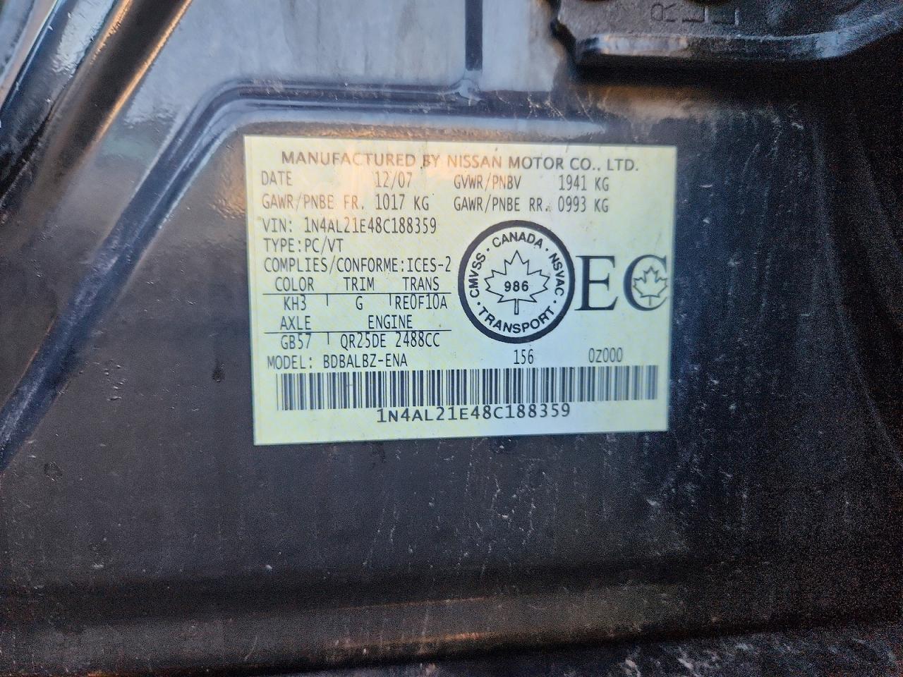 2008 Nissan Altima 2.5 Black vin: 1N4AL21E48C188359