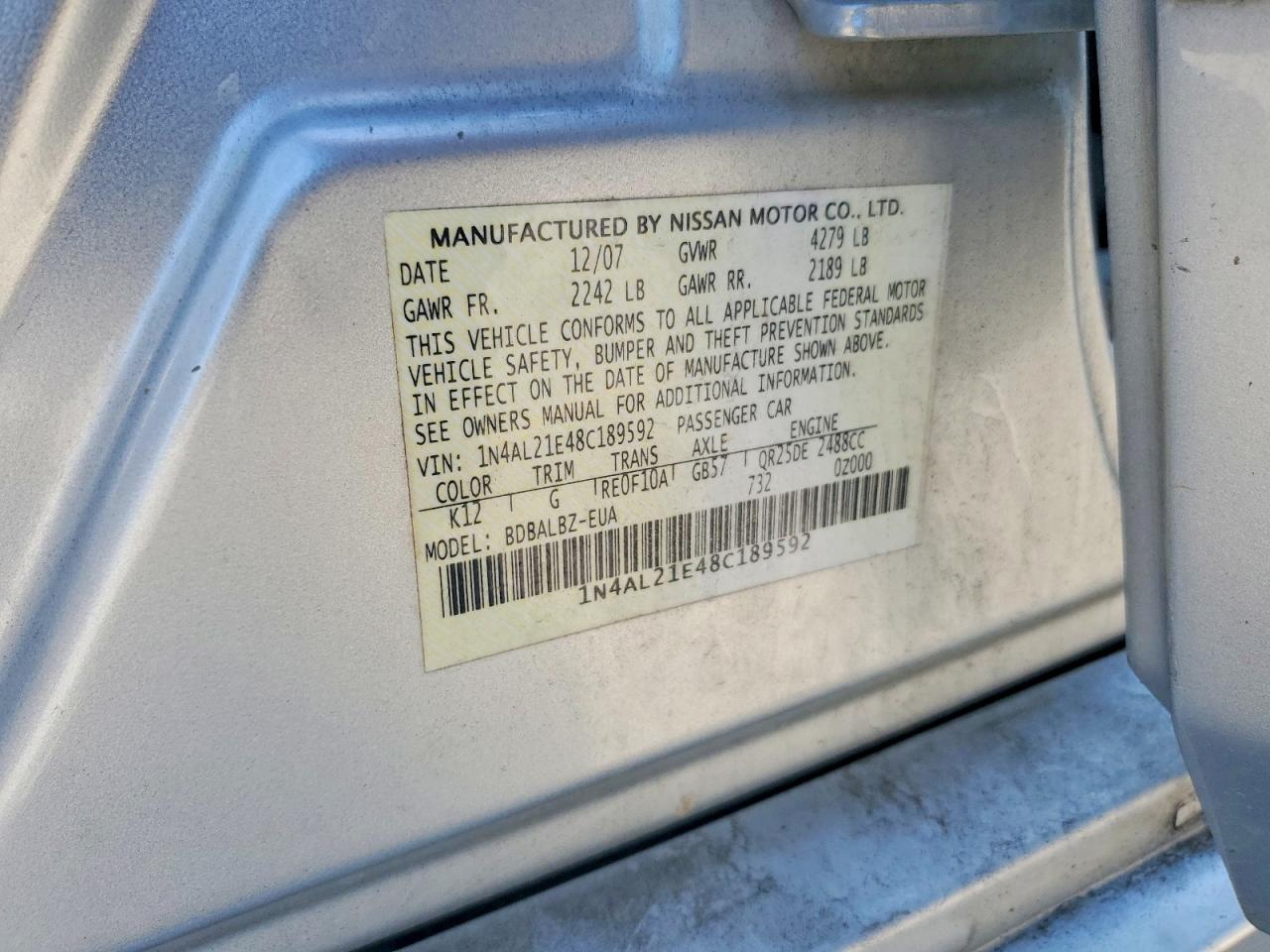 2008 Nissan Altima 2.5 Silver vin: 1N4AL21E48C189592