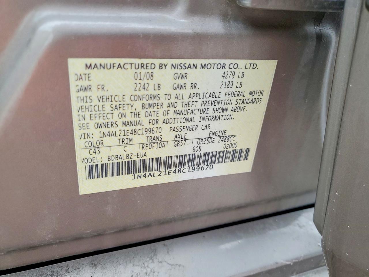 2008 Nissan Altima 2.5 Tan vin: 1N4AL21E48C199670