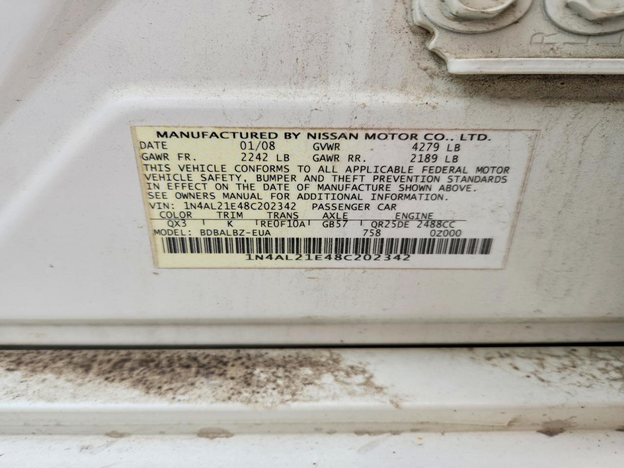 2008 Nissan Altima 2.5 White vin: 1N4AL21E48C202342