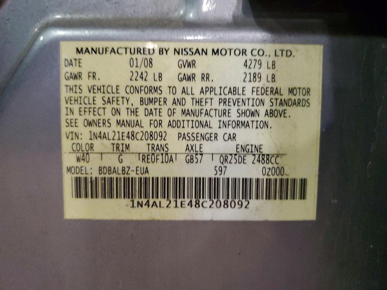 2008 Nissan Altima 2.5 Silver vin: 1N4AL21E48C208092