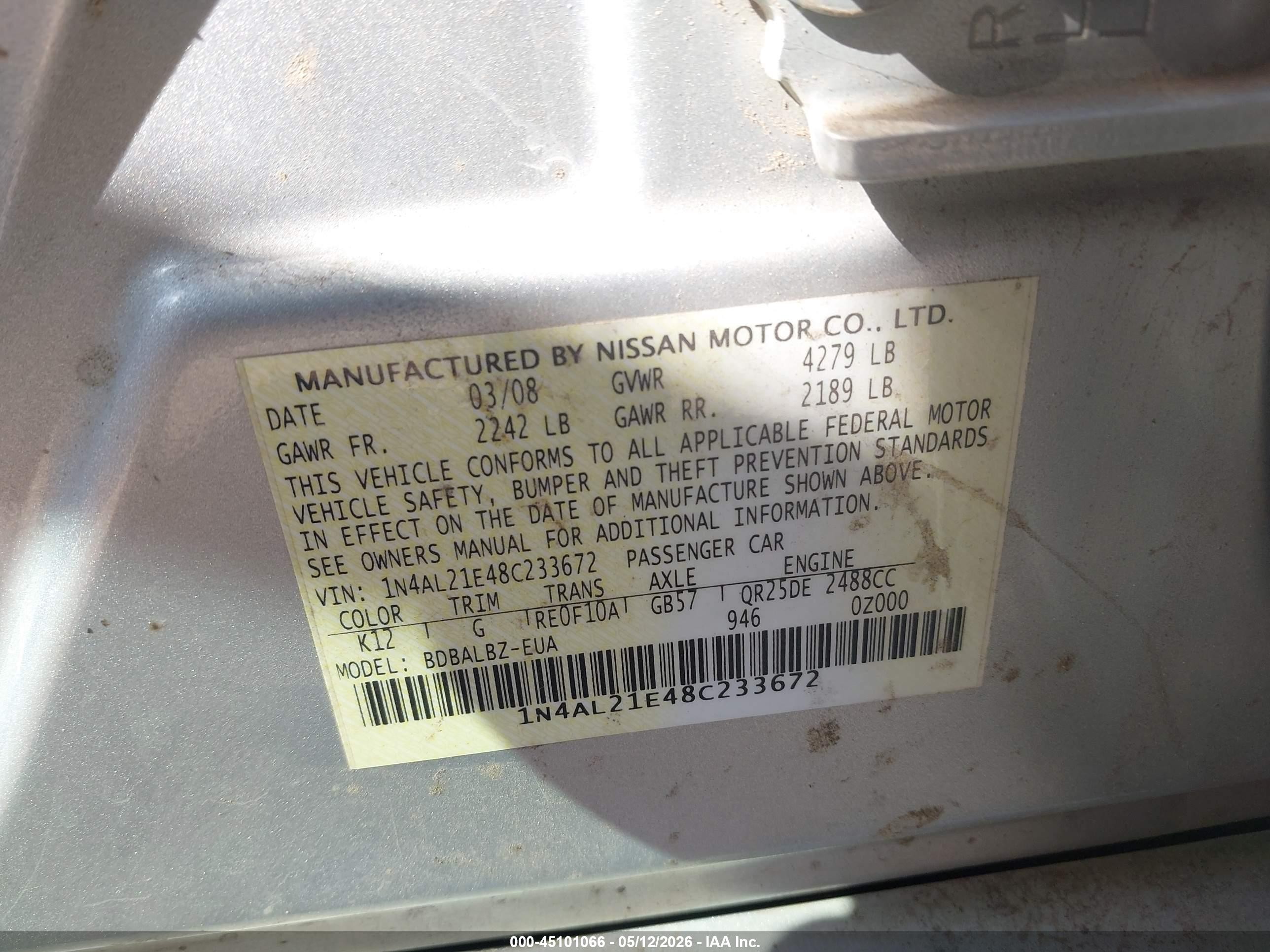 2008 Nissan Altima 2.5 S Silver vin: 1N4AL21E48C233672