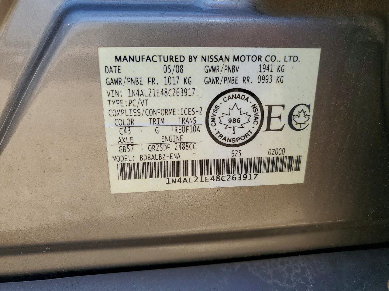 2008 Nissan Altima 2.5 Gold vin: 1N4AL21E48C263917