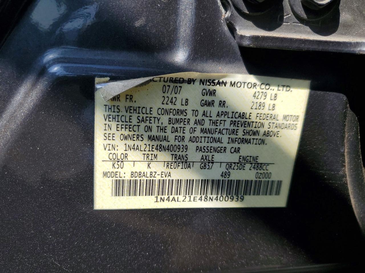 2008 Nissan Altima 2.5 Gray vin: 1N4AL21E48N400939