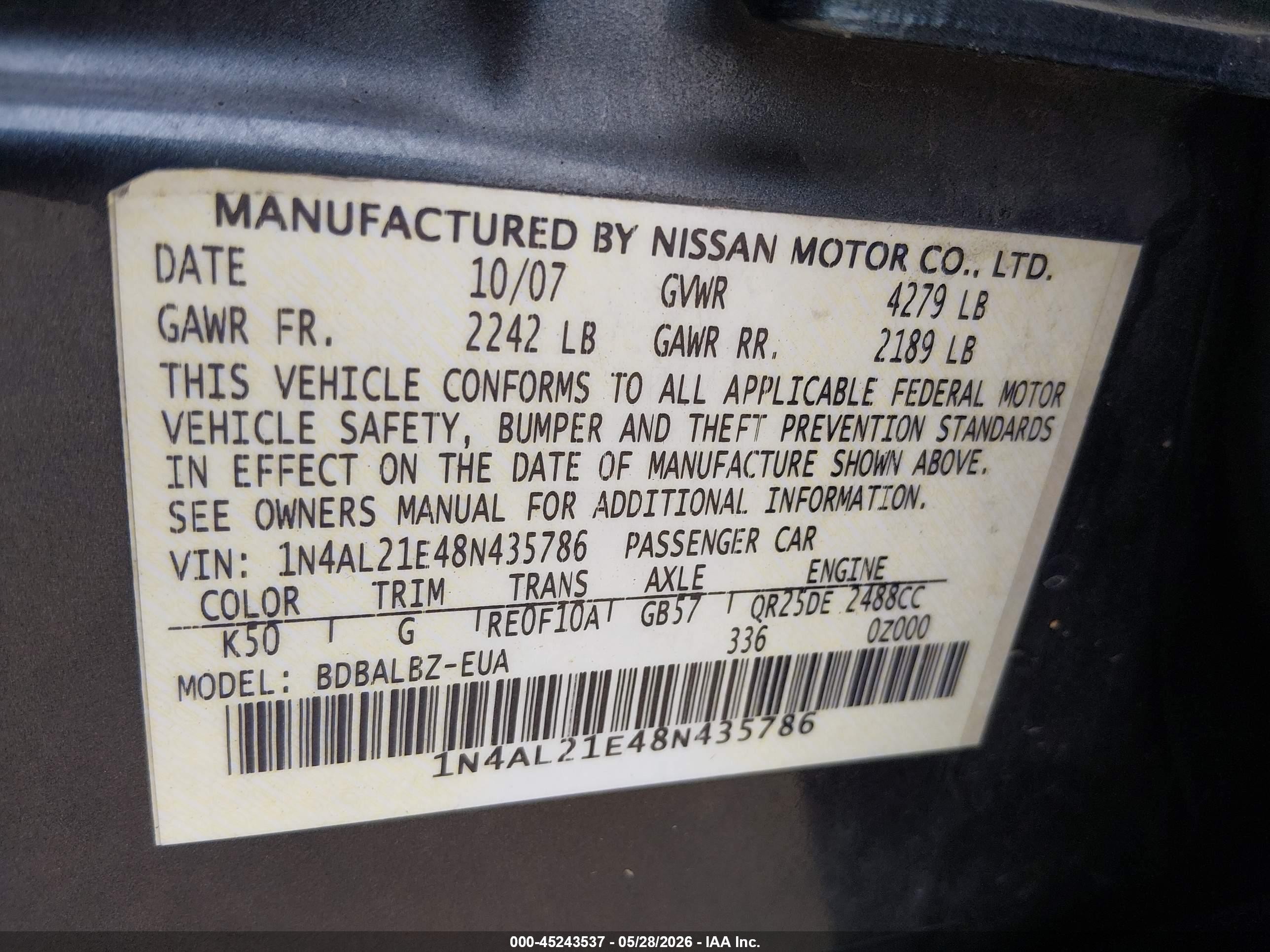 2008 Nissan Altima 2.5 S Gray vin: 1N4AL21E48N435786
