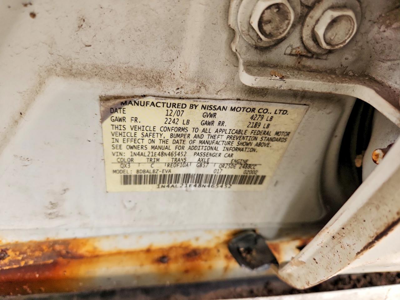 2008 Nissan Altima 2.5 White vin: 1N4AL21E48N465452