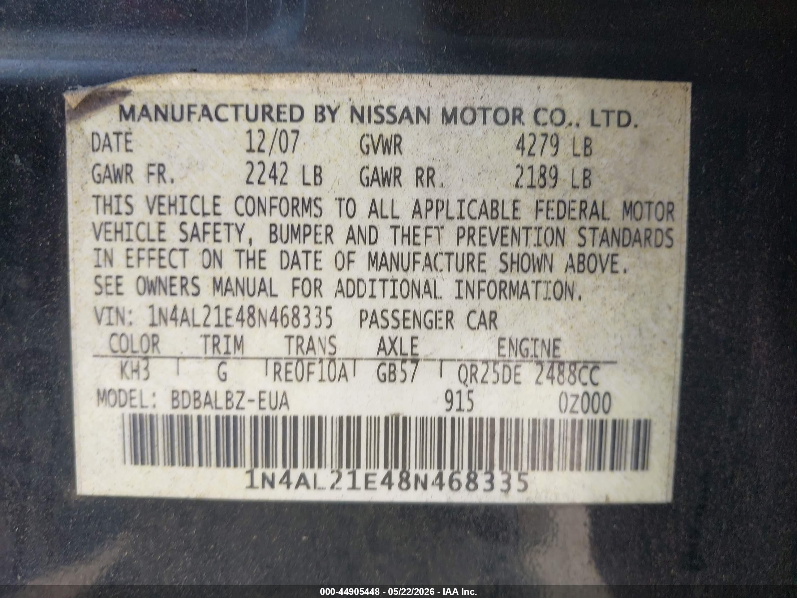 2008 Nissan Altima 2.5 S Black vin: 1N4AL21E48N468335