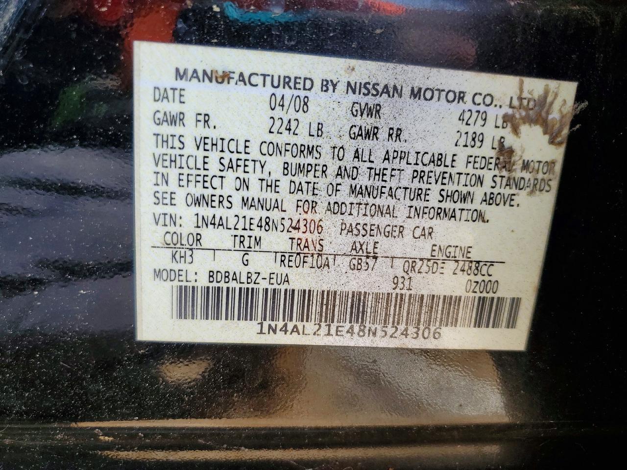 2008 Nissan Altima 2.5 Black vin: 1N4AL21E48N524306