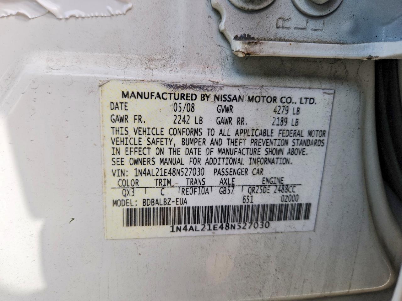 2008 Nissan Altima 2.5 White vin: 1N4AL21E48N527030